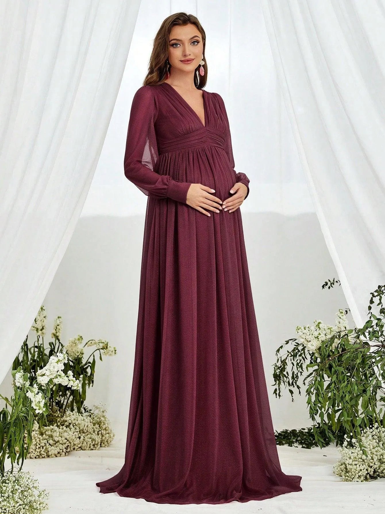 Maternity V Neck Lantern Sleeve A Line Dress