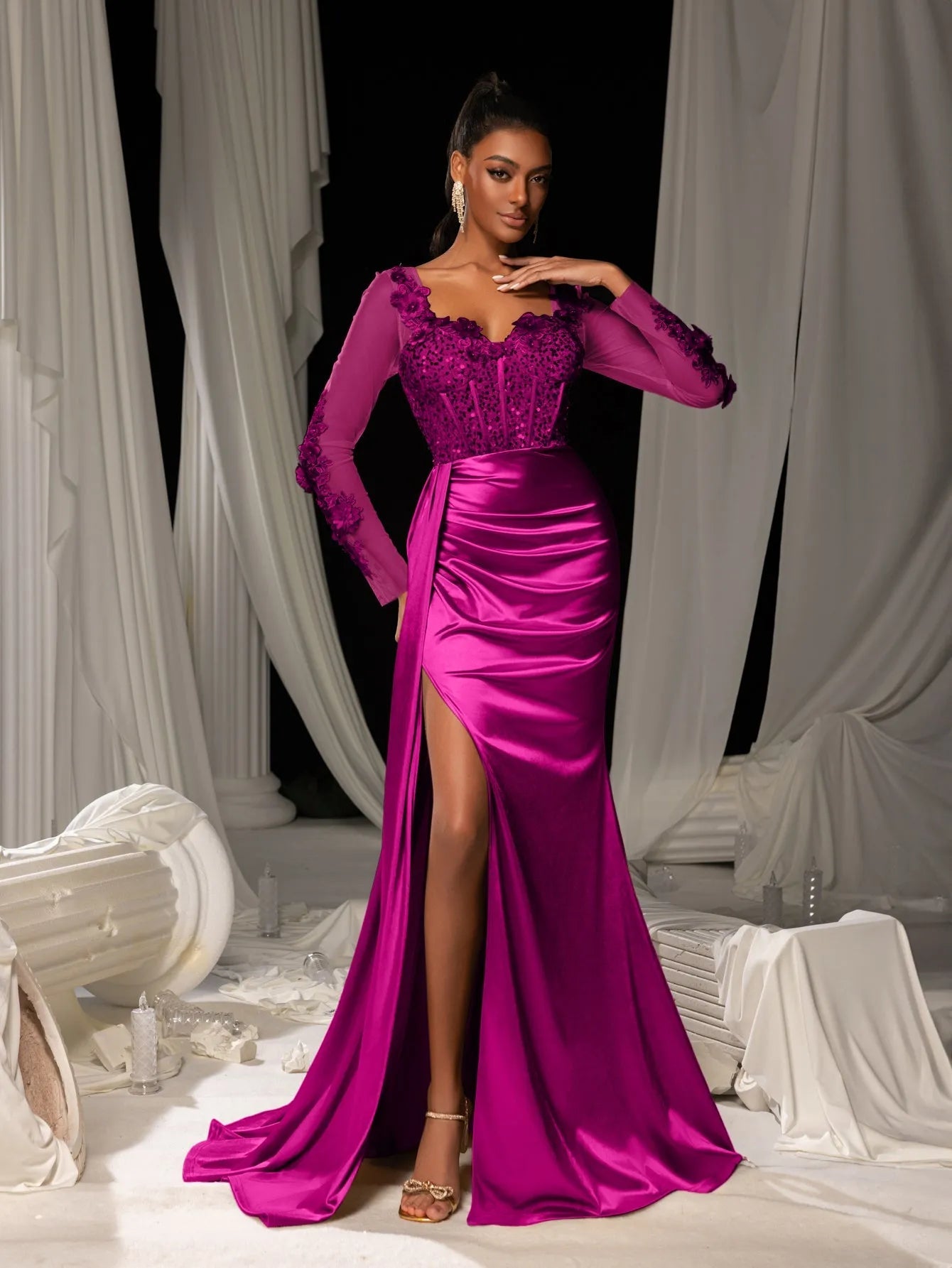 Elegant Sequin Bodice Sheer Sleeves Mermaid Hem Satin Evening Dress