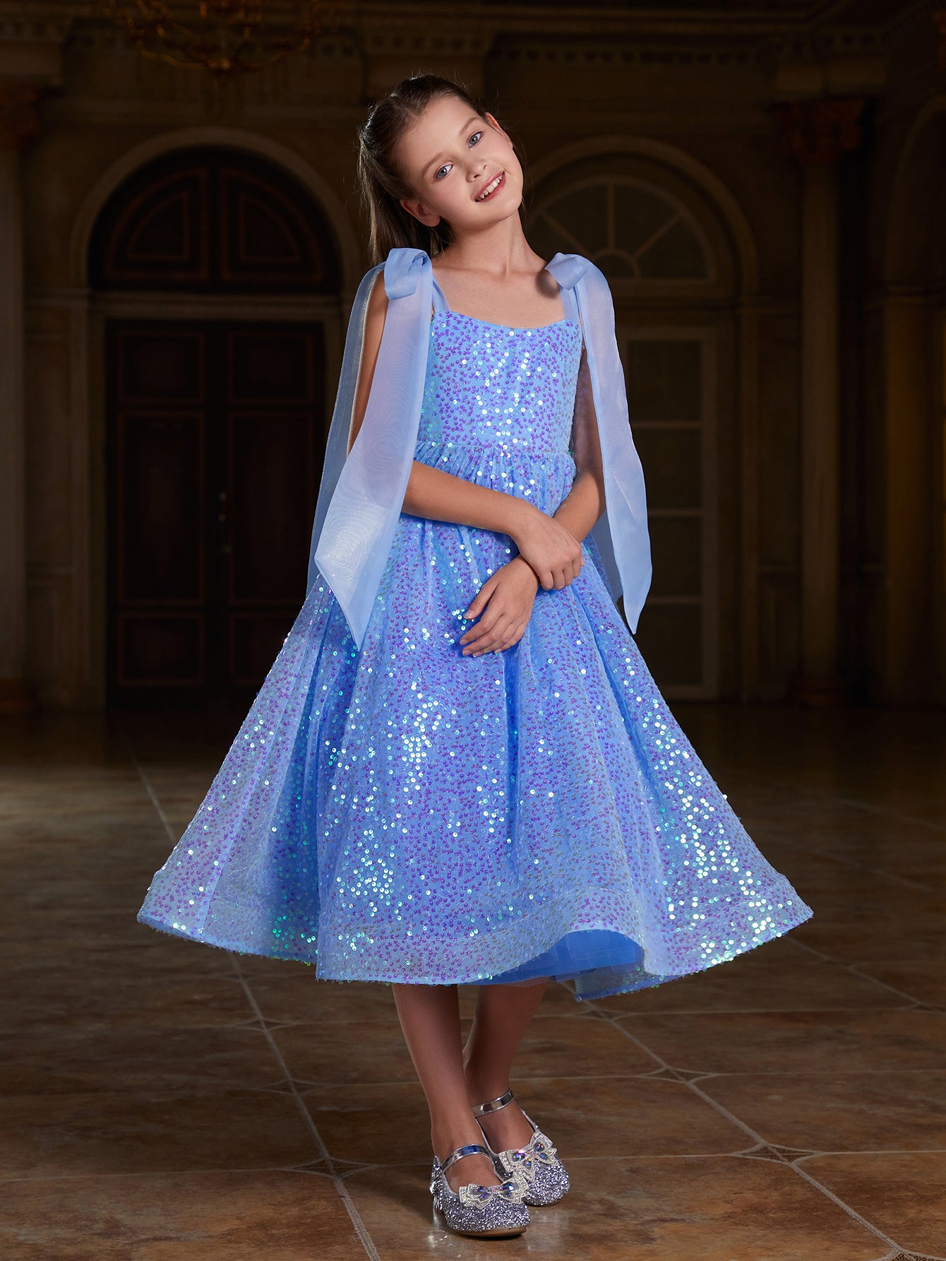 Girl's Tie Shoulder Sequin Party Dress