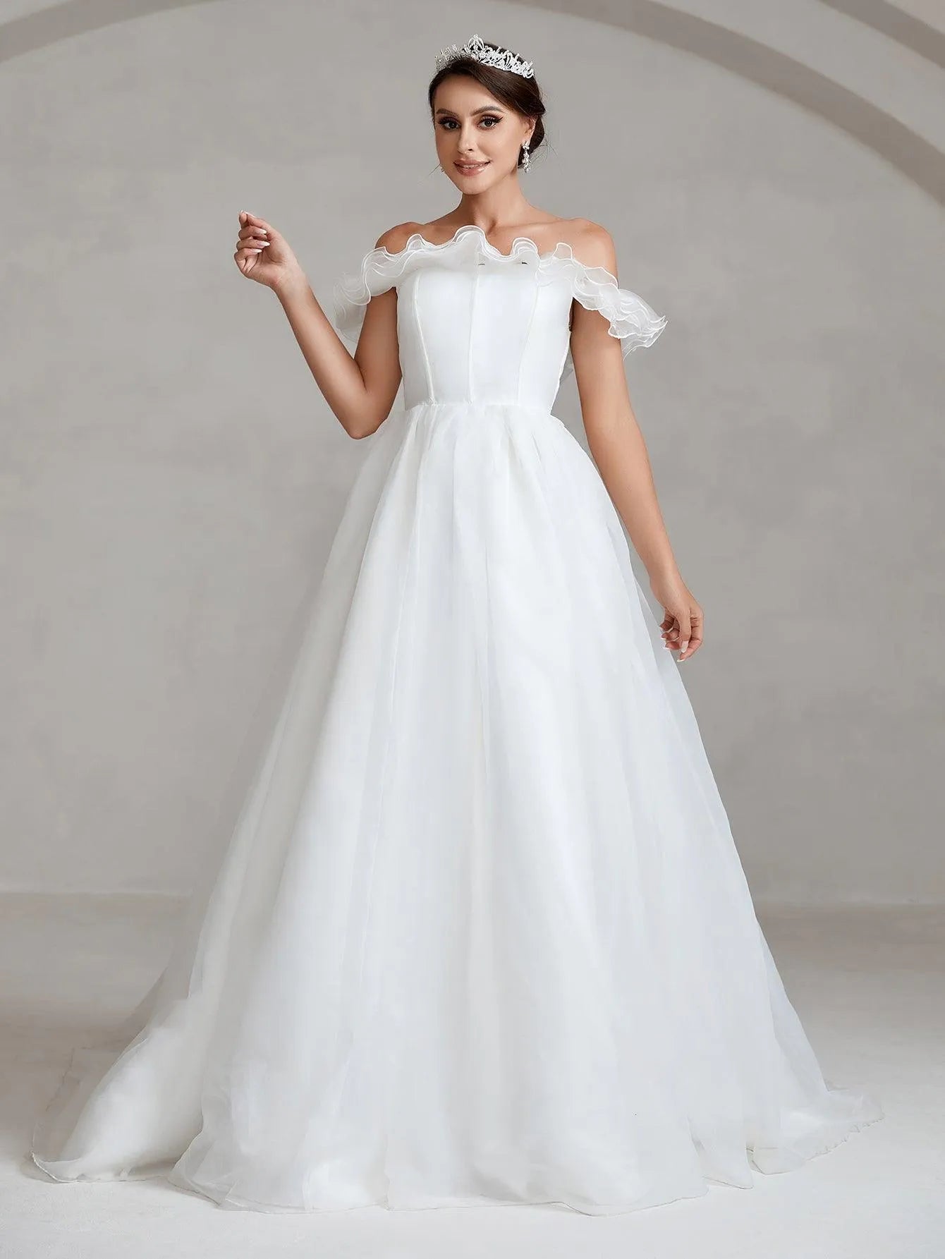 Off Shoulder Satin Bodice Contrast Organza Wedding Dress