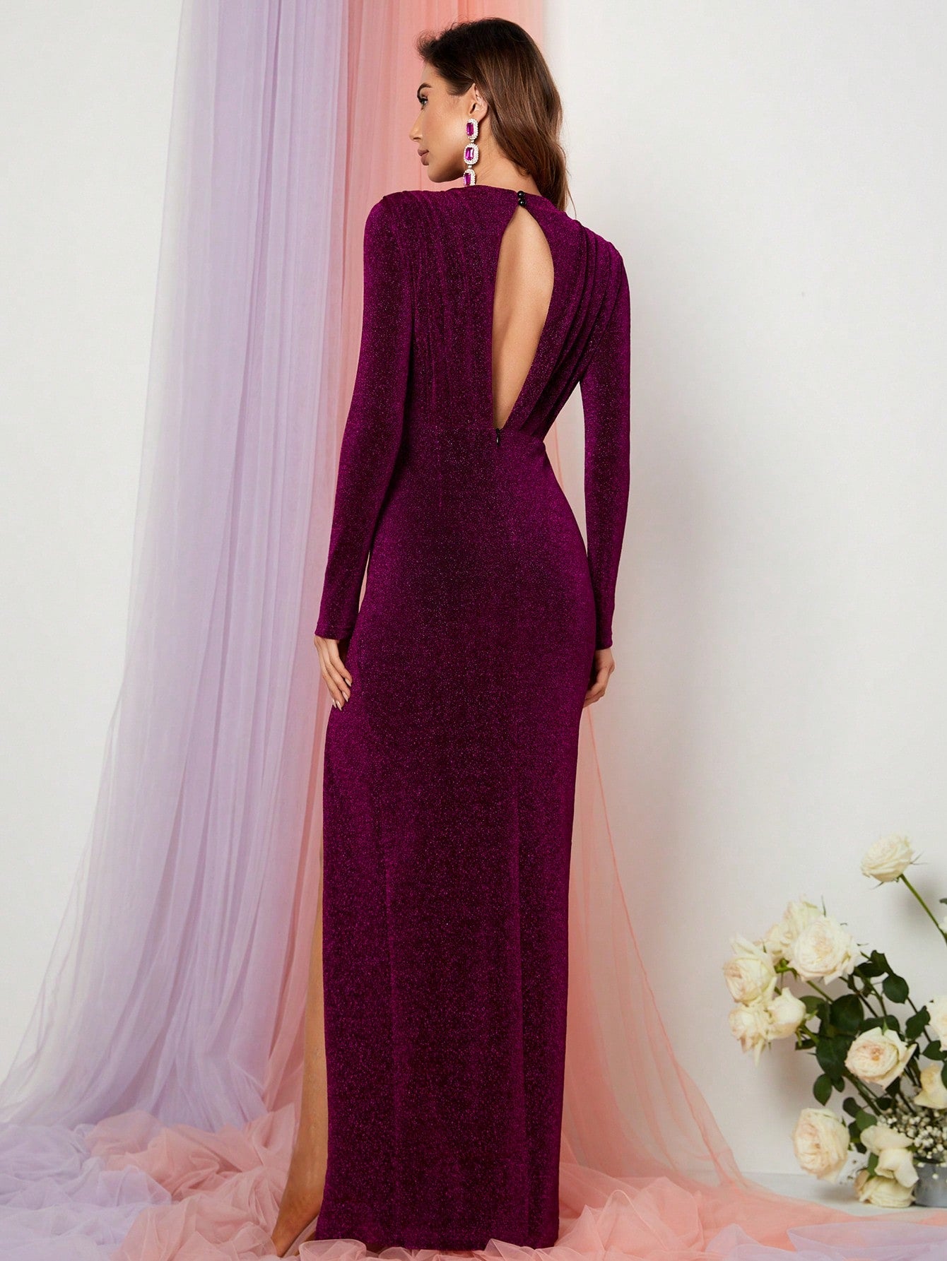 Glitter Mock Neck Split Thigh Maxi Dress