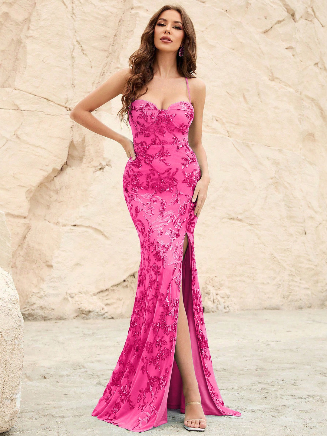 Spaghetti Strap Back Lace Up Sequin Slit Dresses