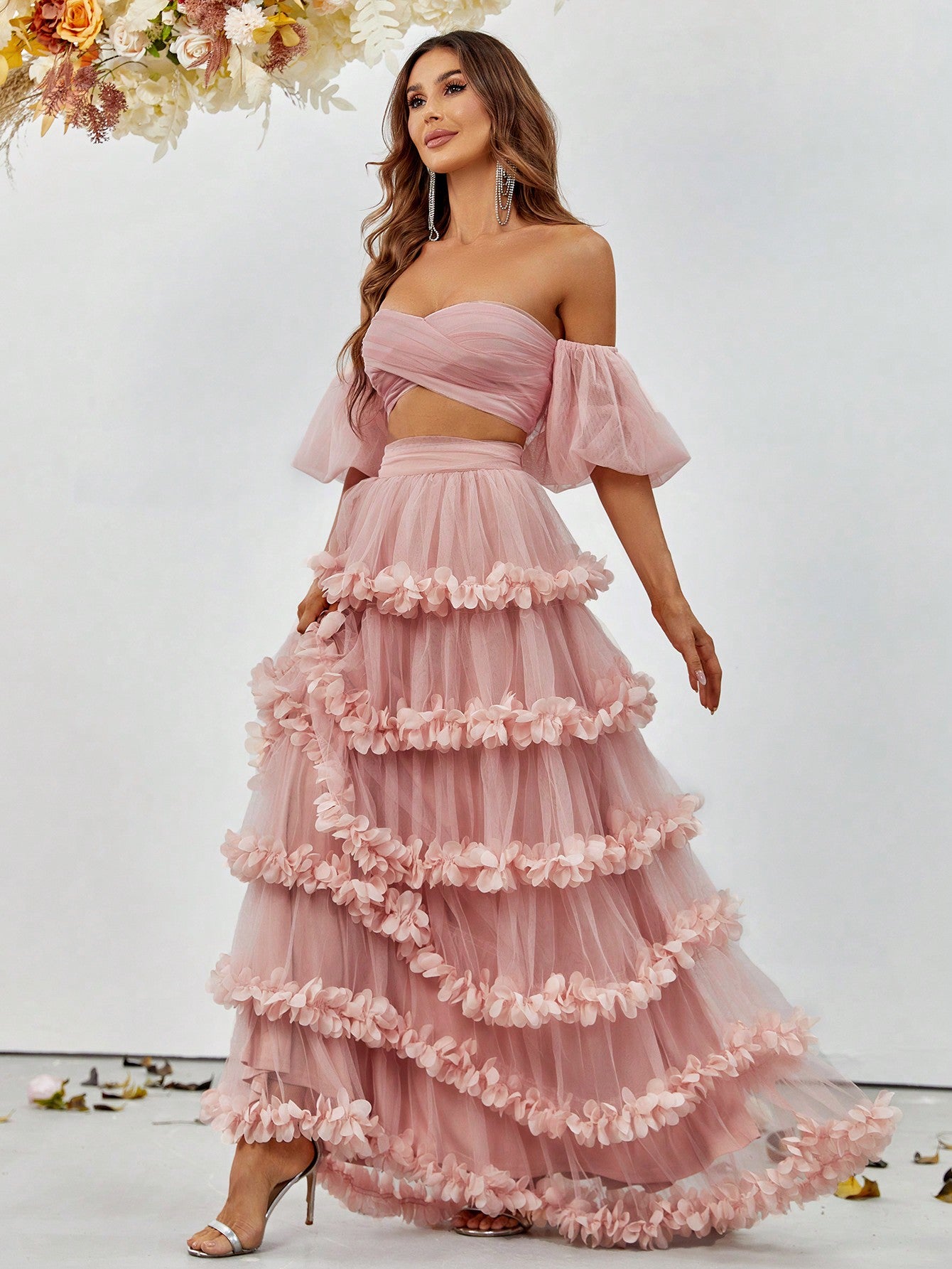 Off Shoulder Puff Sleeve Crop Top & Frill Trim Mesh Skirt