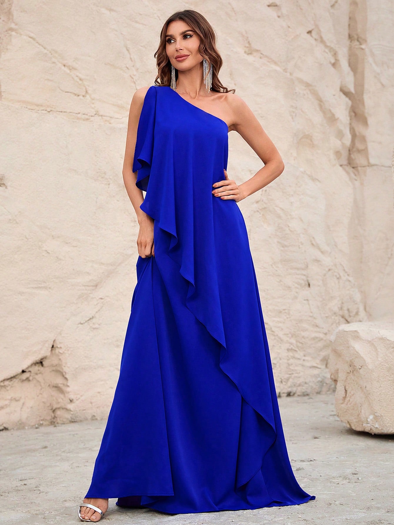 One Shoulder Sleeveless Ruffle Trim Chiffon Dress