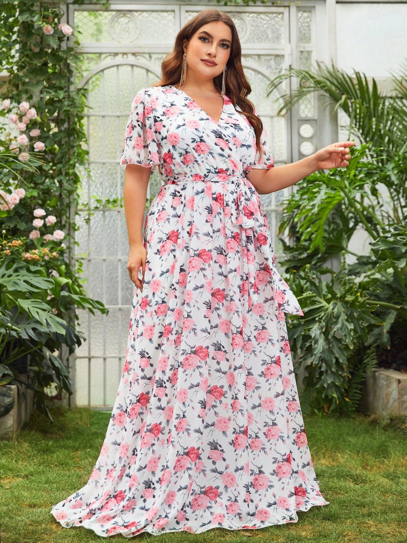 Plus Surplice Neck Floral Print Belted Dress