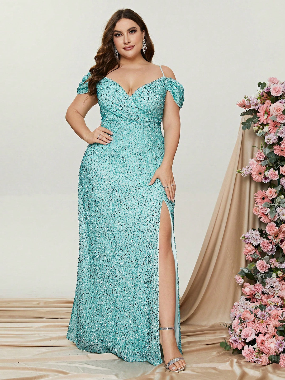 Plus Elegant Off Shoulder Short Sleeve Sequin A Line Slit Dresses