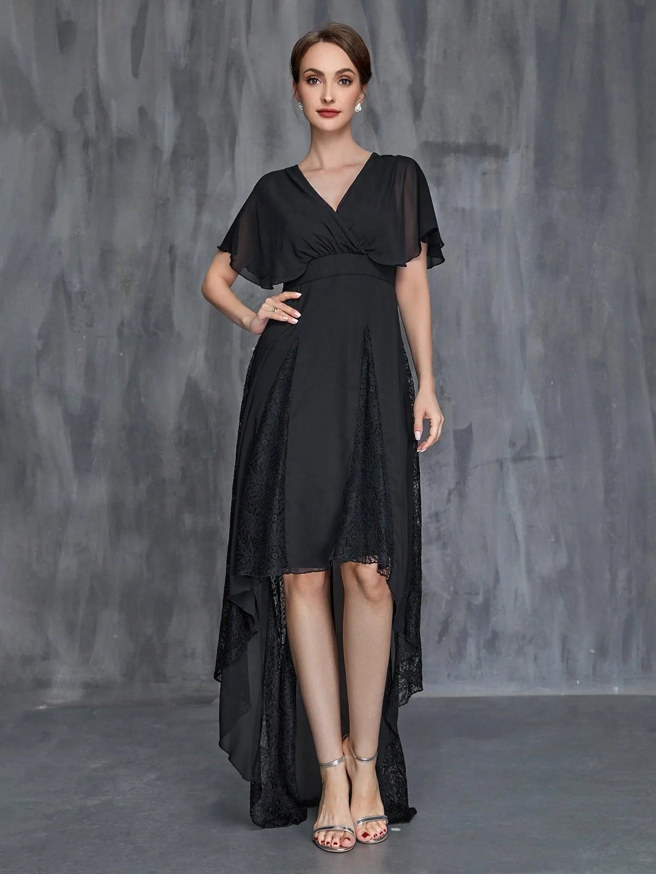 Womens' Surplice Neck High Low Hem Chiffon Dress