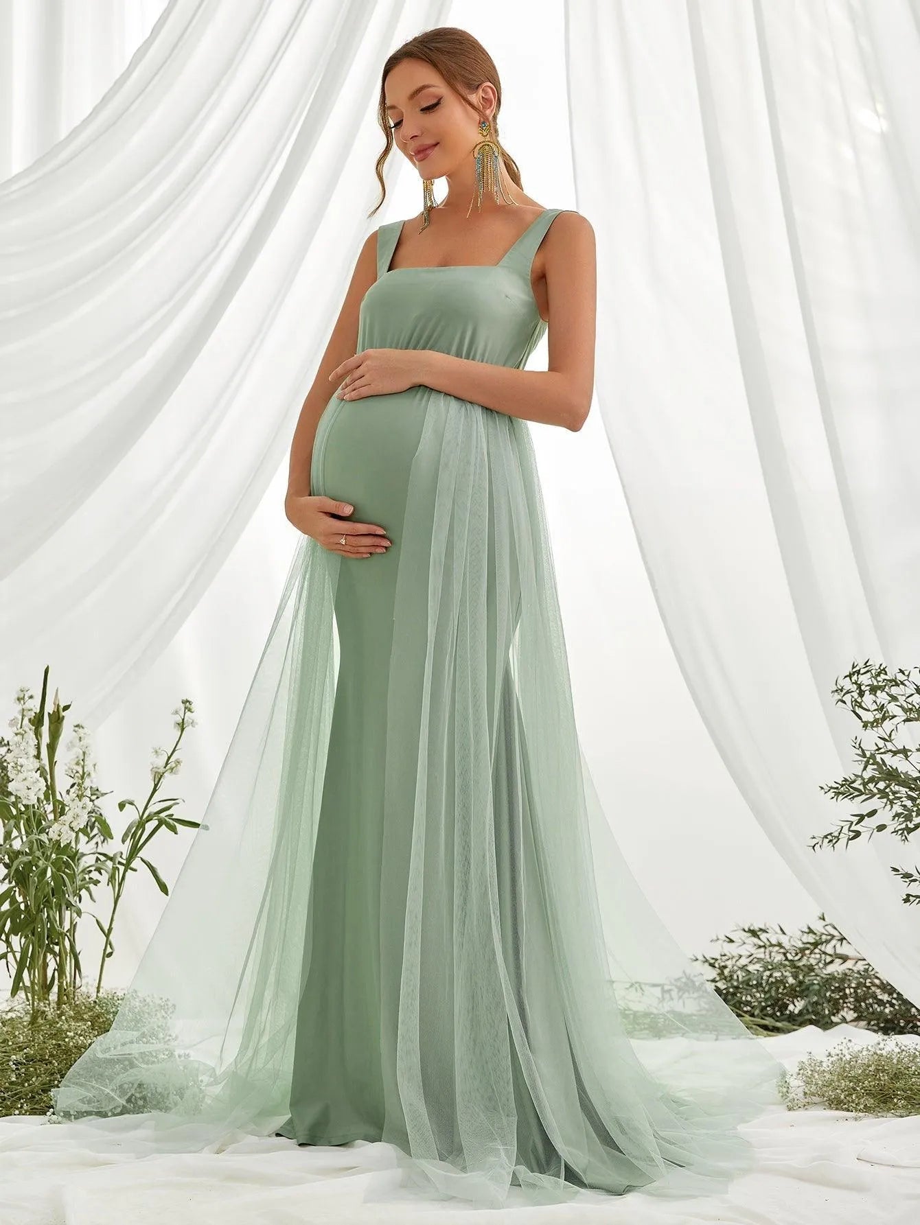 Maternity Contrast Mesh Square Neck Mermaid Dress