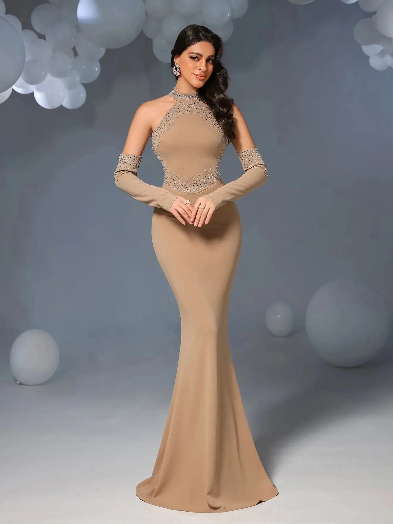 Elegant Rhinestone Detail Halter Neck Mermaid Hem Evening Dress