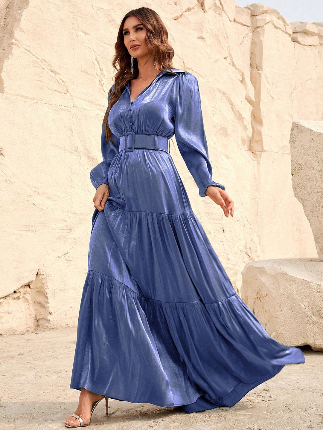 Elegant Lantern Sleeve Ruffle Hem Belted Chiffon Dress