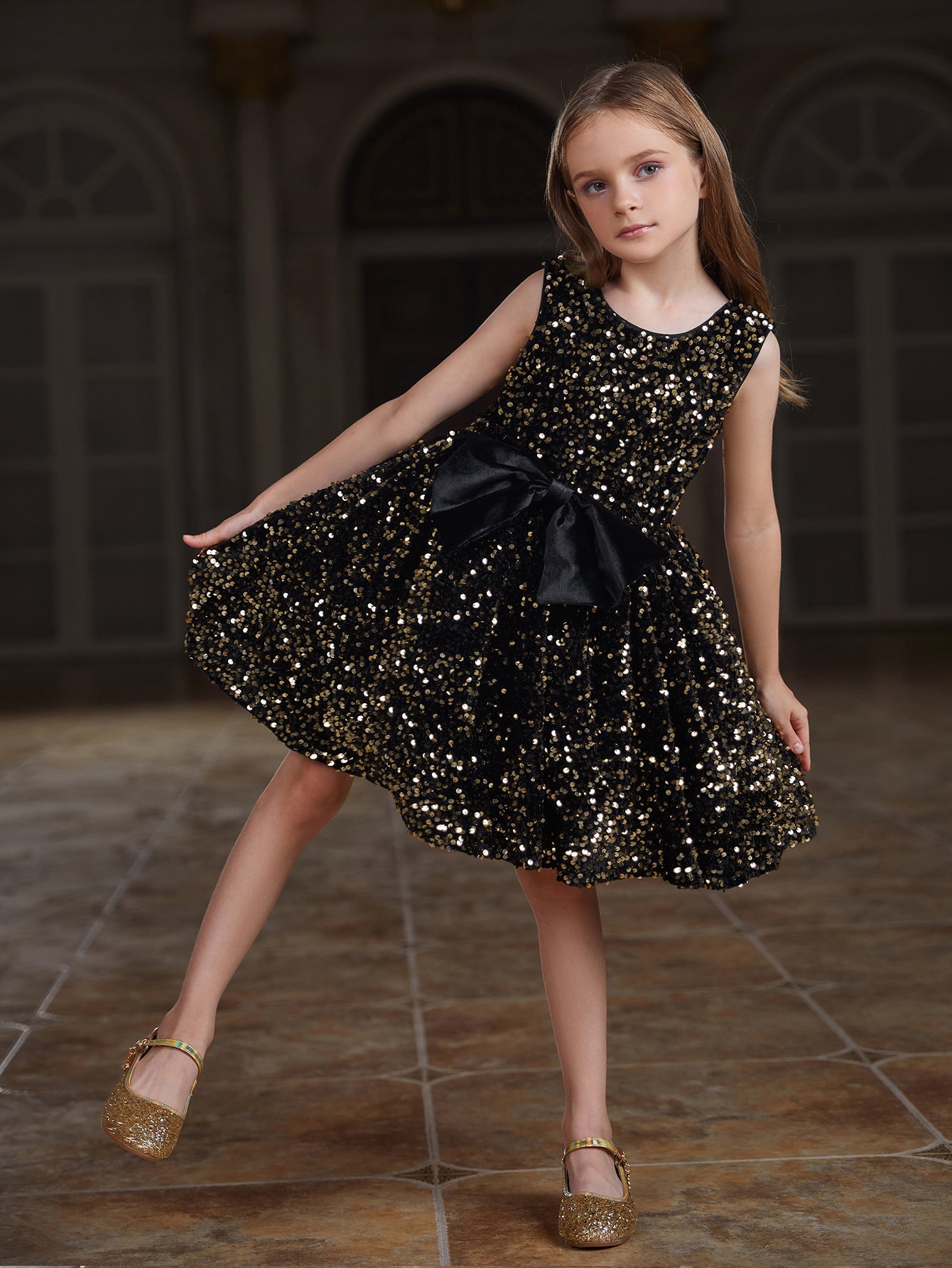 Girl's Cute Sleeveless Bow Front Sequin A Line Dress