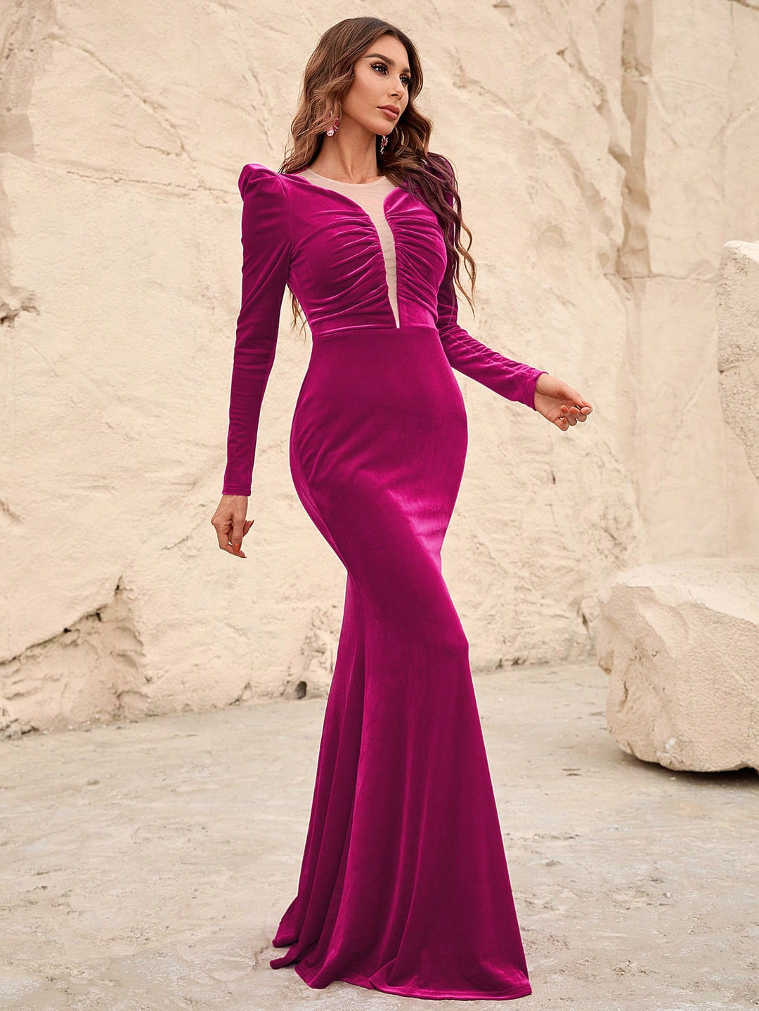 Mesh Insert Ruched Velvet Mermaid Dresses