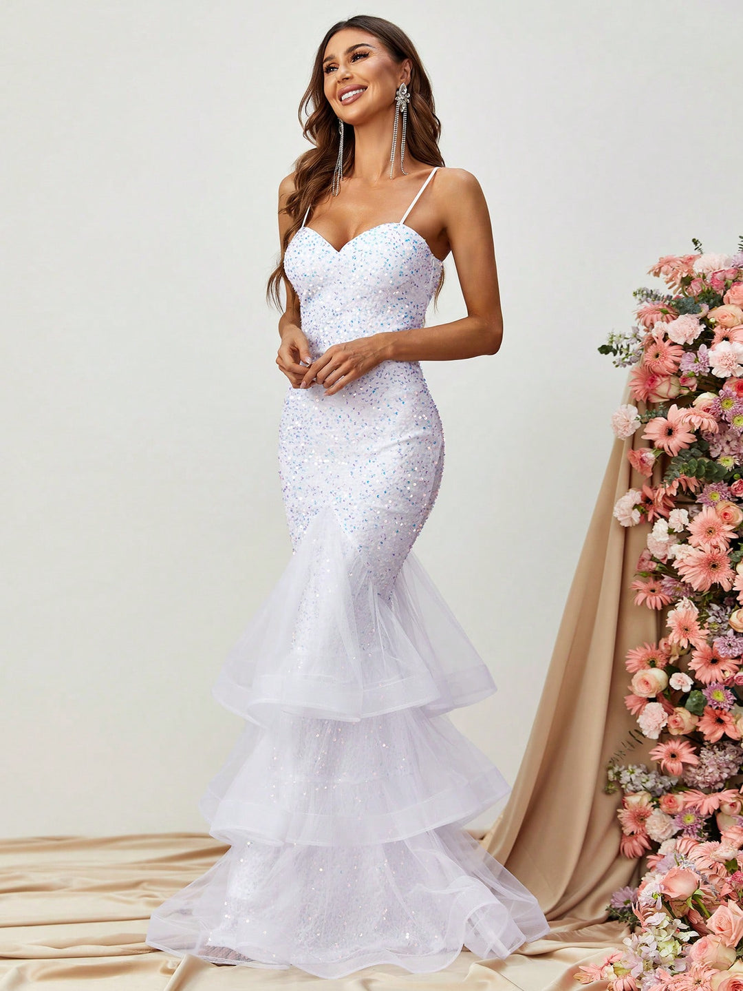 Spaghetti Strap Back Cut Out Sequin Layered Mermaid Dress