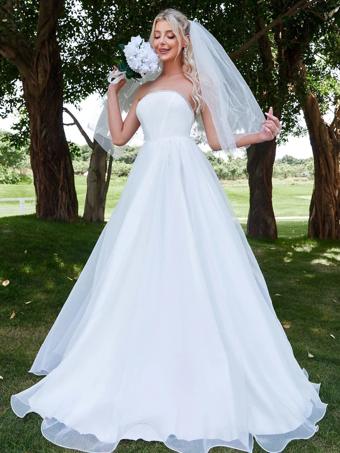 Velvet Bodice Contrast Organza Hem Wedding Dress