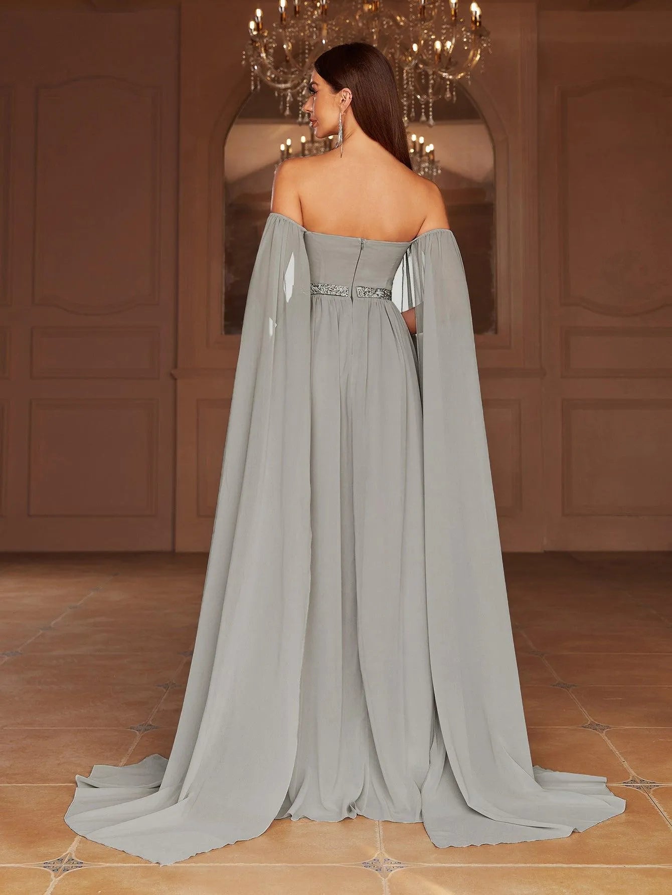 Elegant Off Shoulder Extra-Long Sleeves Chiffon Prom Dress