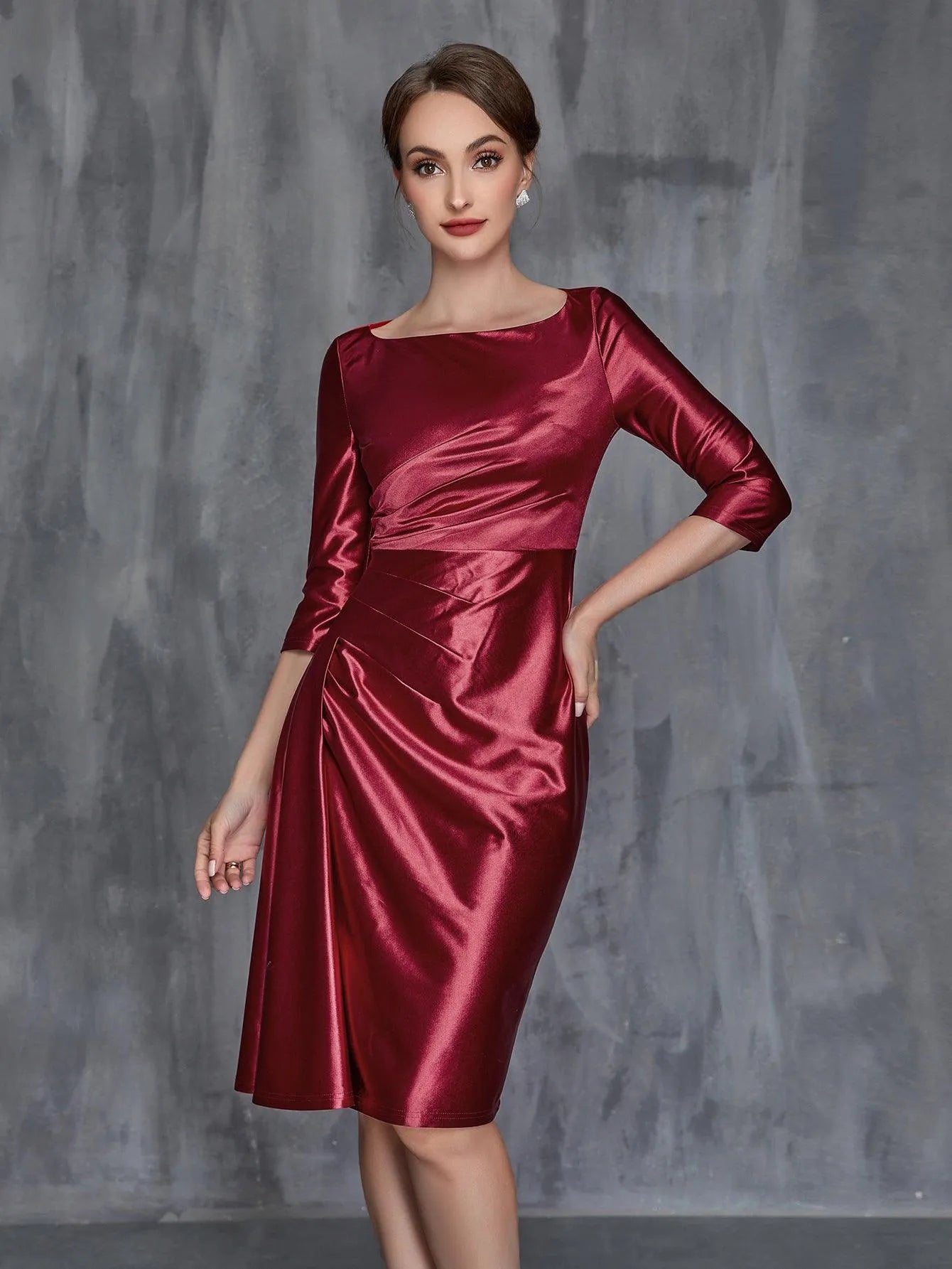 Womens' Solid Ruched Wrap Front Satin Dress