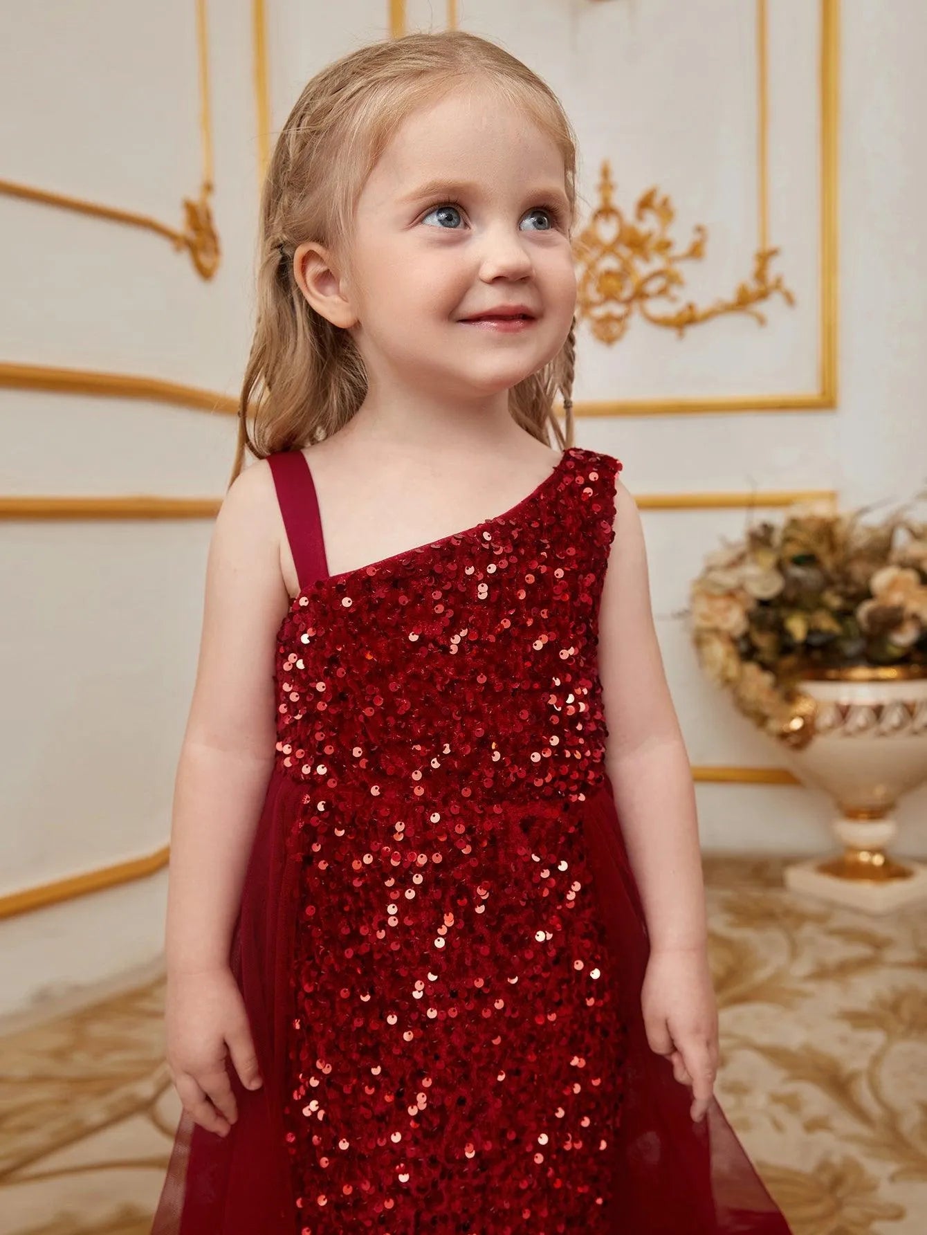 Young Girls' Asymmetrical Neckline Mesh Overlay Sequin Dress