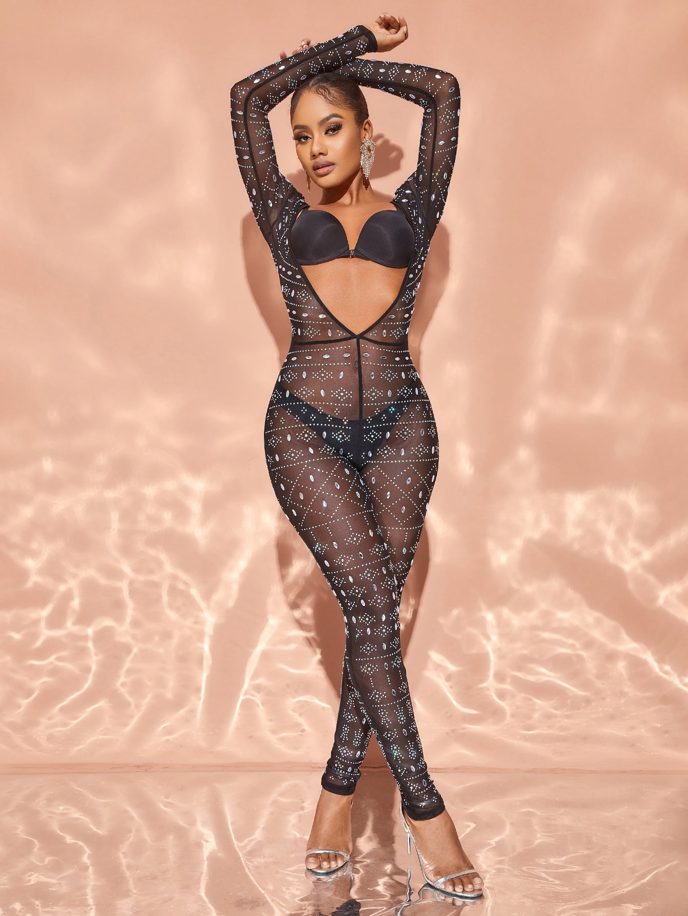 Rhinestone Detail Plunging Neck Sheer Mesh Jumpsuit