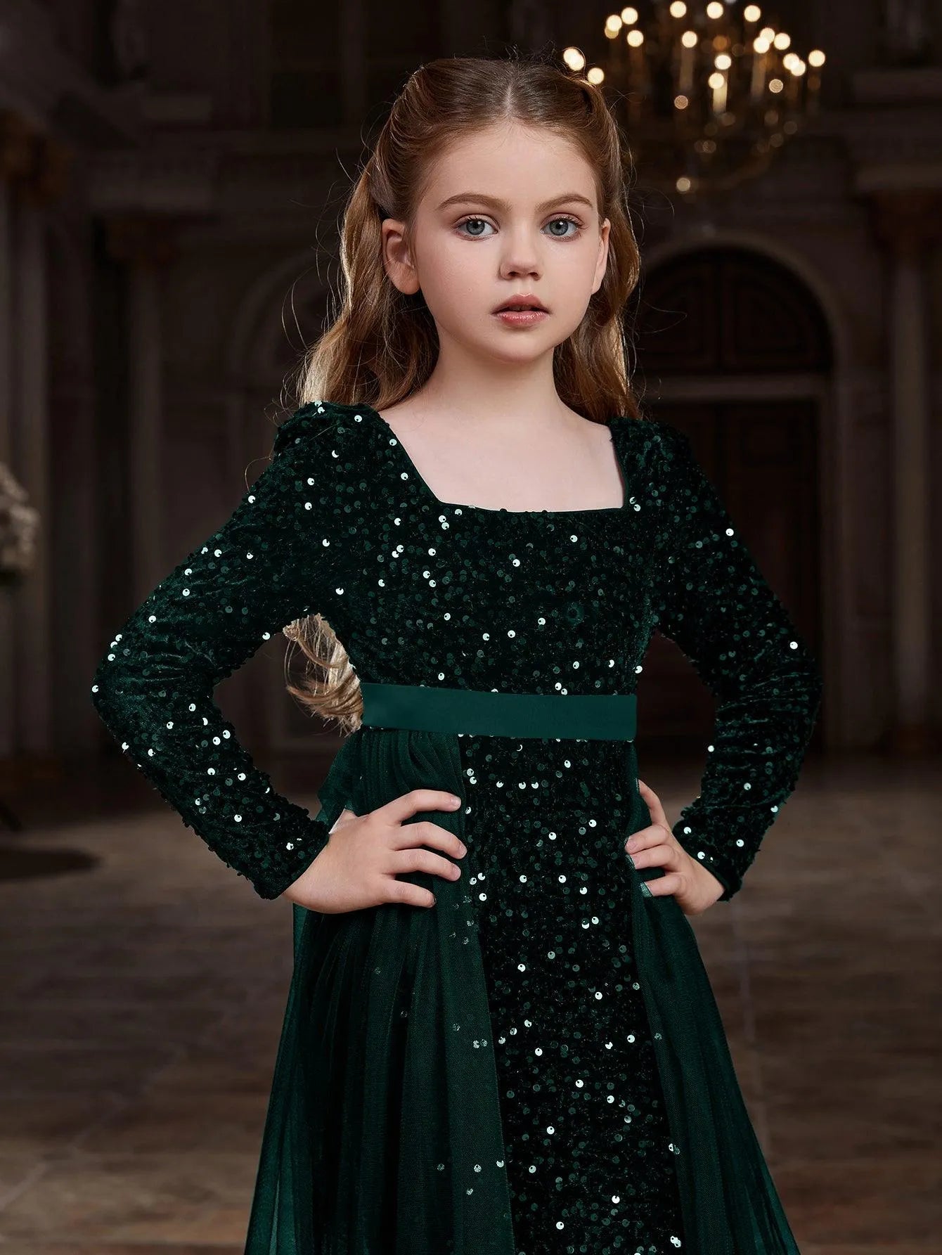 Tween Girls' Square Collar Long Sleeves Sequin Mermaid Dress