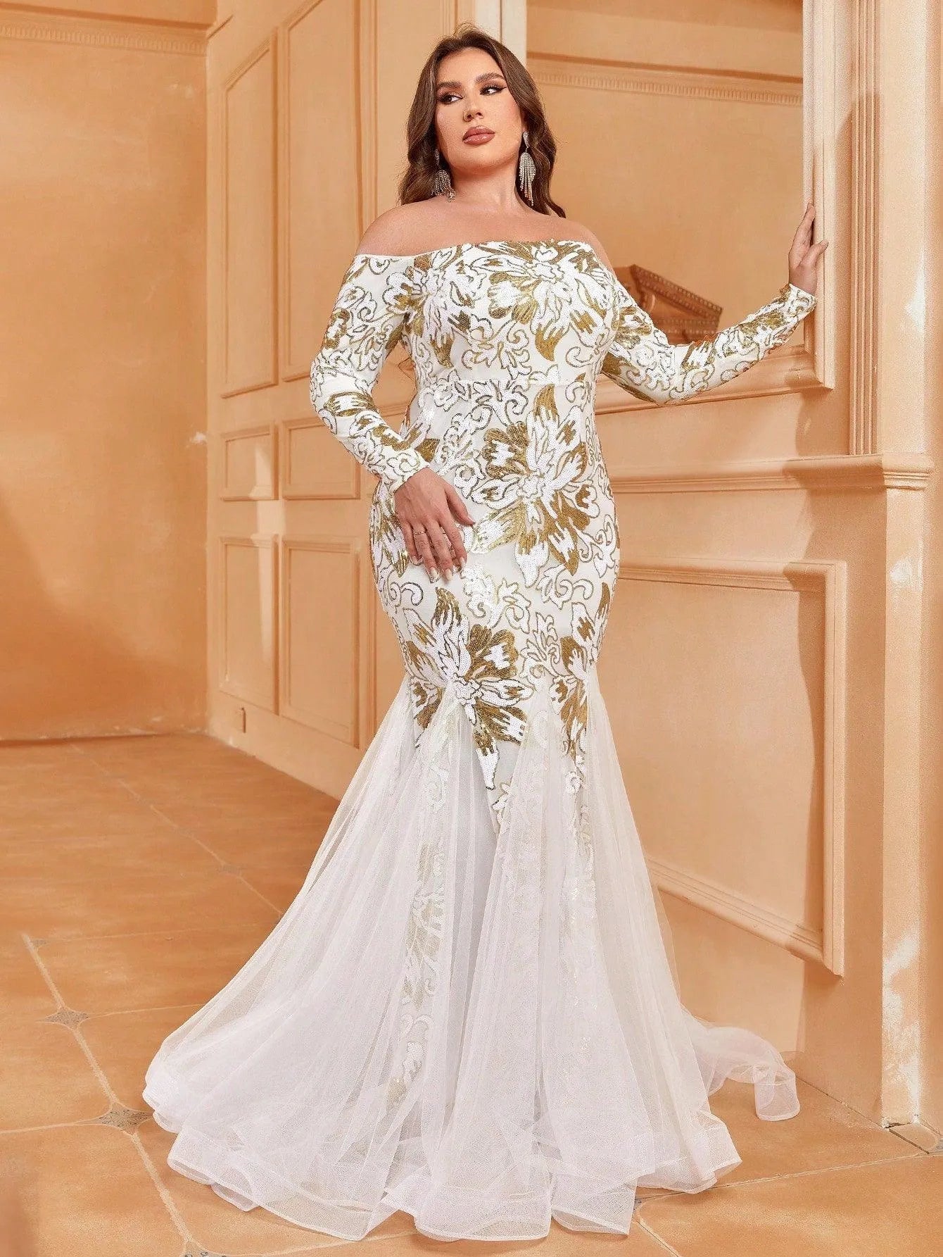 Plus Off Shoulder Long Sleeve Floral Sequin Mermaid Dresses