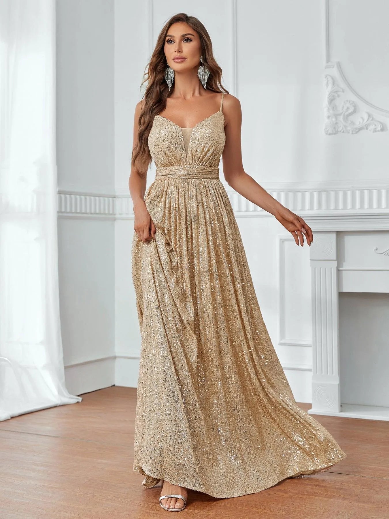 Elegant Plunging Neck A Line Sequin Slip Dress