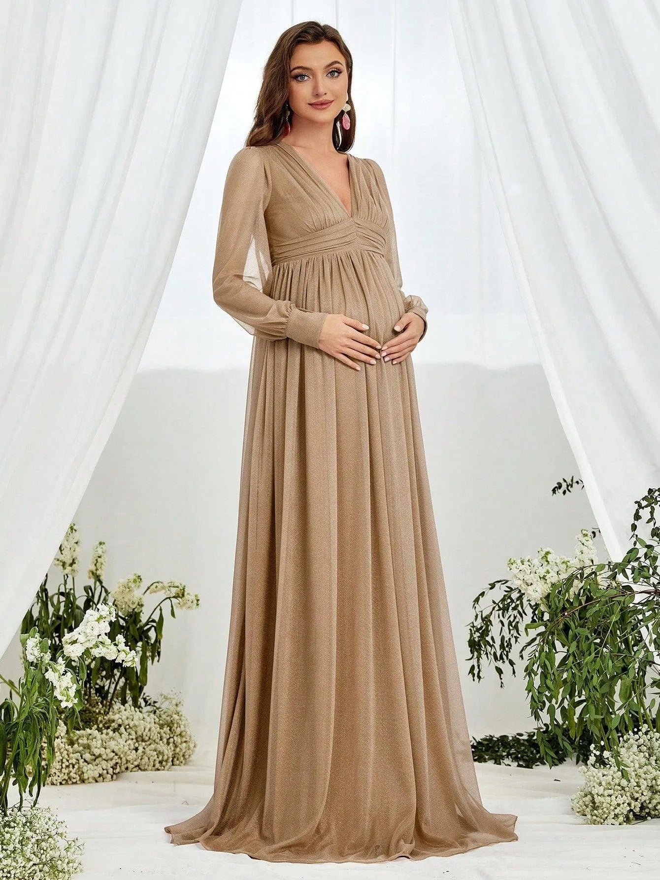 Maternity V Neck Lantern Sleeve A Line Dress