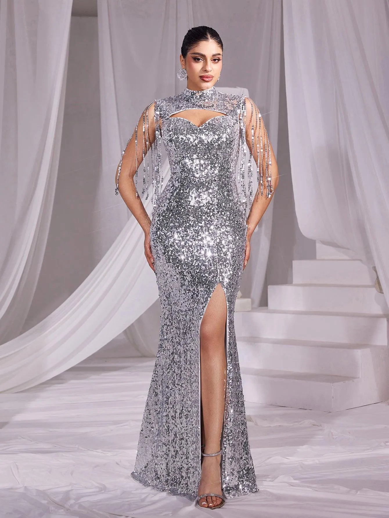 Sequin Mock Neck Mermaid Hem Evening Dress