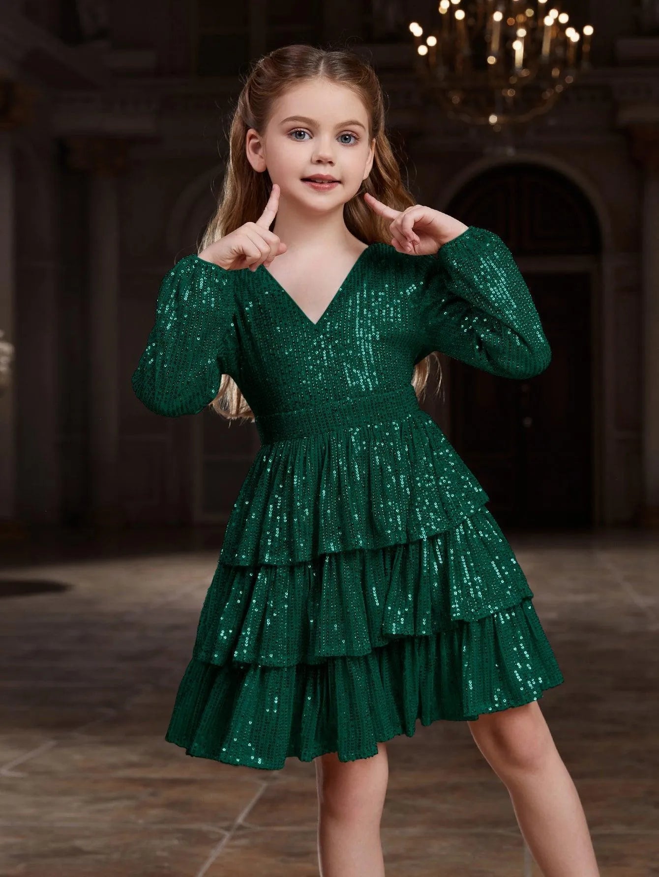 Tween Girls' Backless V Neck Layered Hem Sequin Party Dress