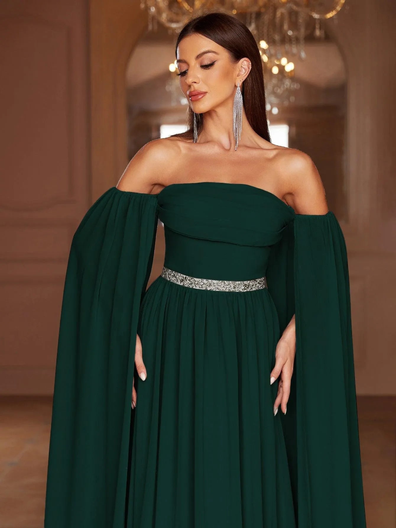 Elegant Off Shoulder Extra-Long Sleeves Chiffon Prom Dress