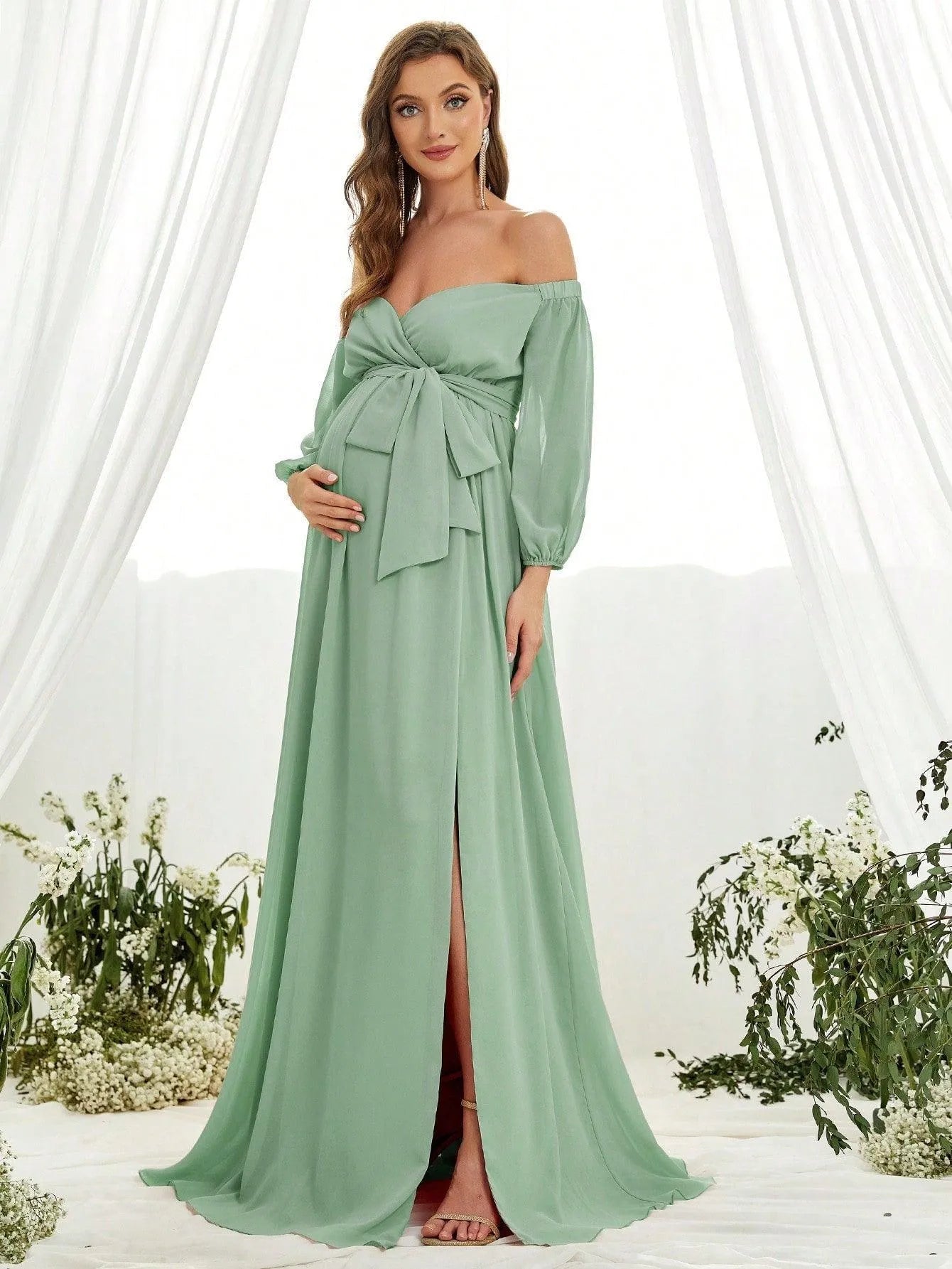 Maternity Off Shoulder Lantern Sleeve Chiffon Belted Dress