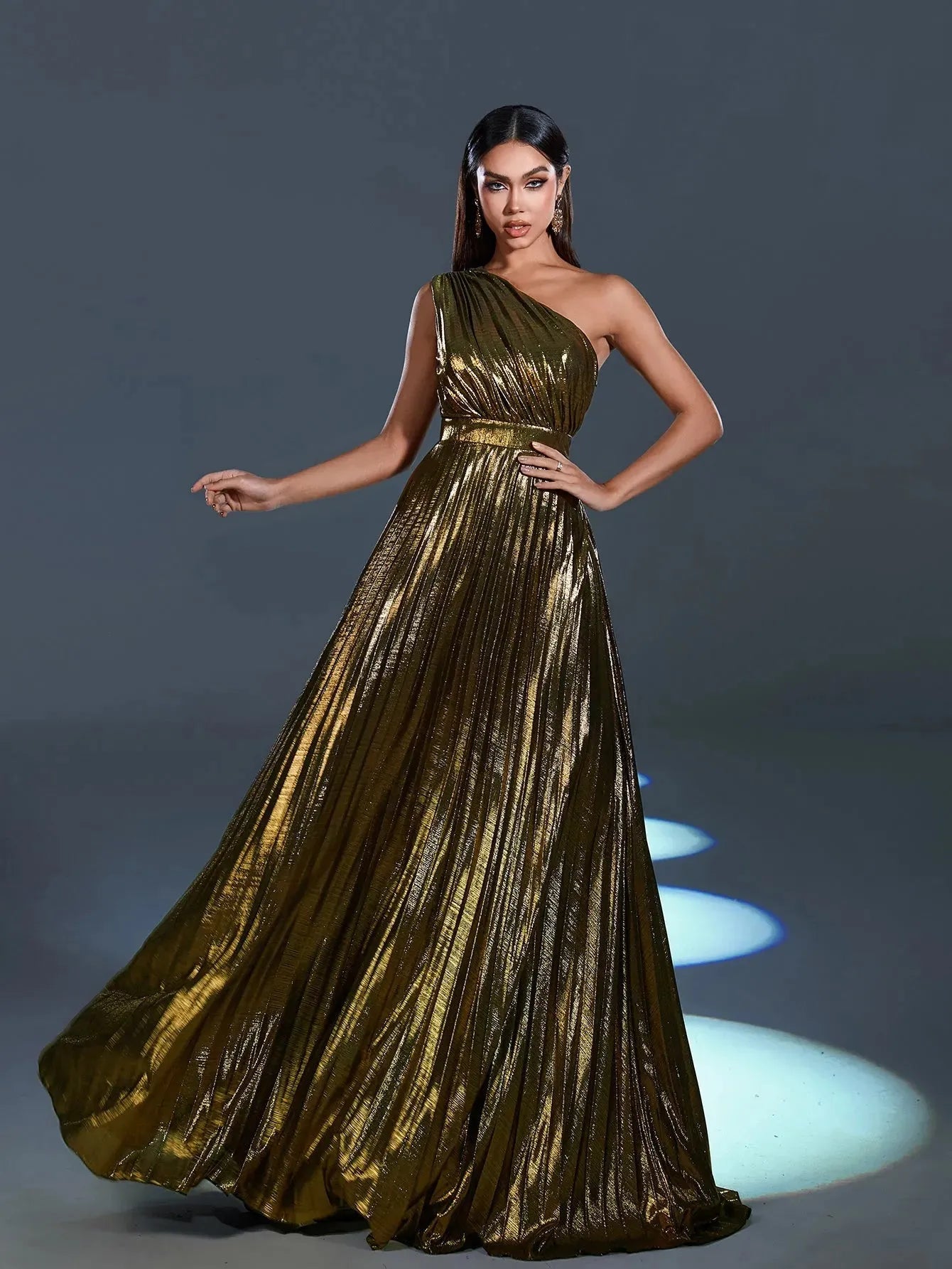 Metallic One Shoulder Sleeveless Pleated Evening Dress