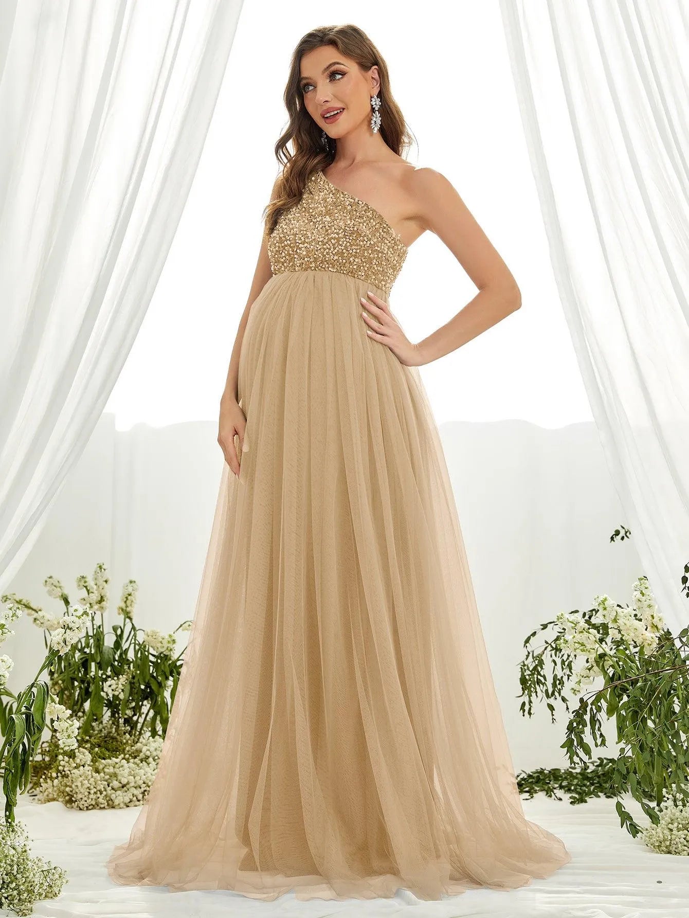 Maternity One Shoulder Contrast Sequin Mesh Party Dress