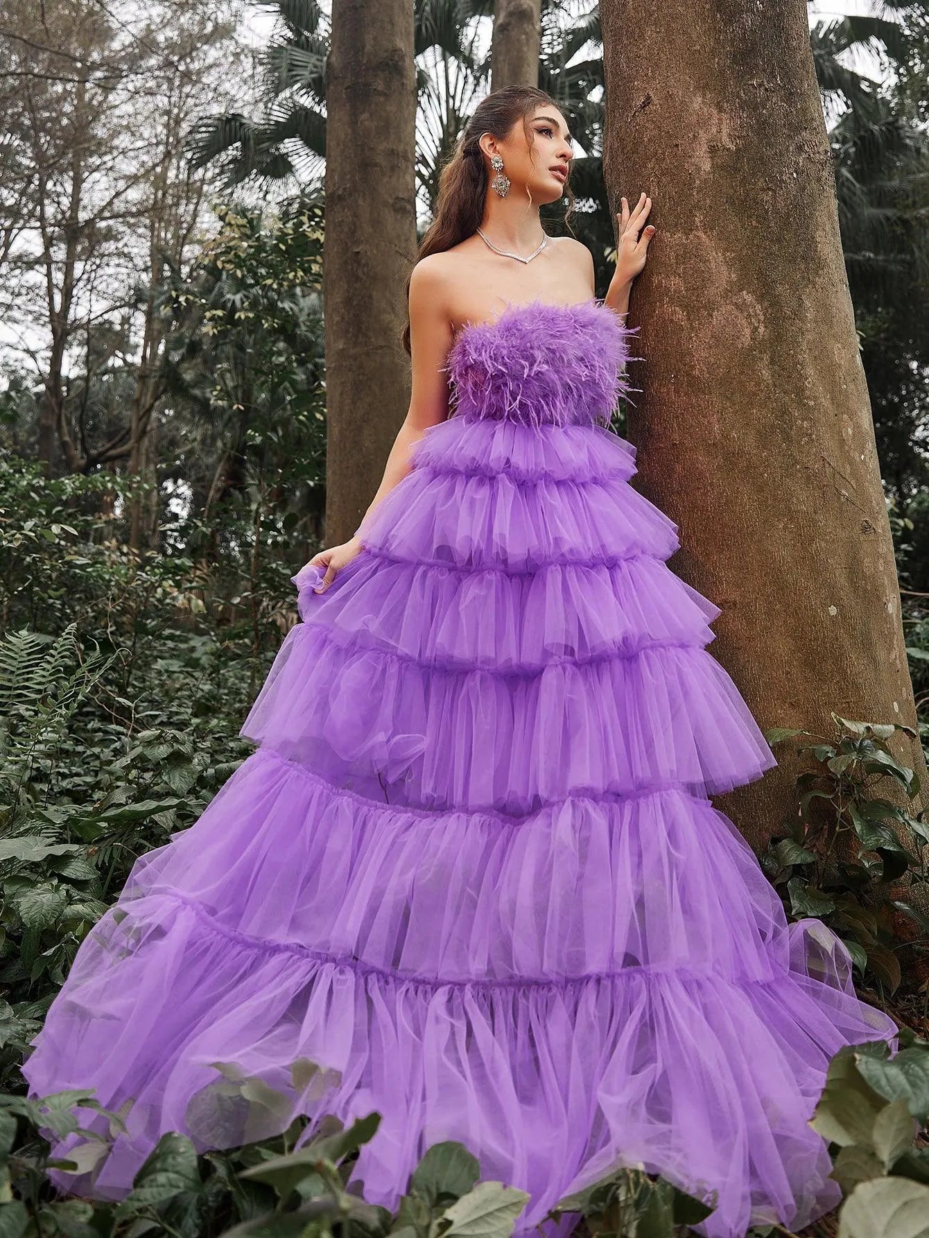 Luxury Feather Bodice Layered Ruffle Tulle Hem Prom Tube Dress