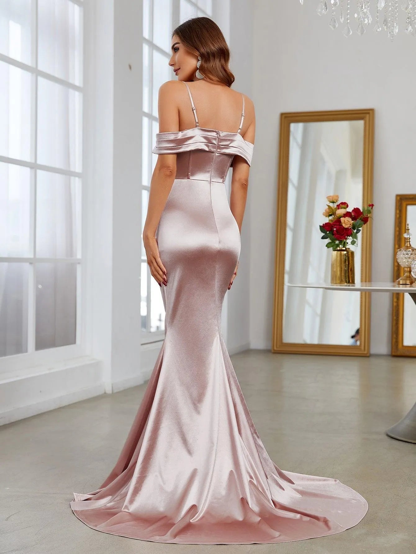 Elegant Ruched Wrap Hem Satin Mermaid Dress