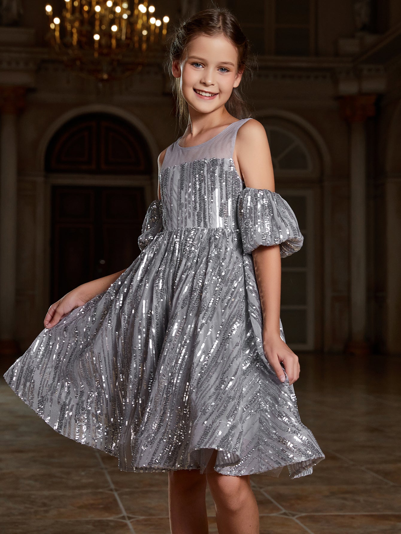 Girl's Puff Sleeve Contrast Mesh Sequin Party Dress