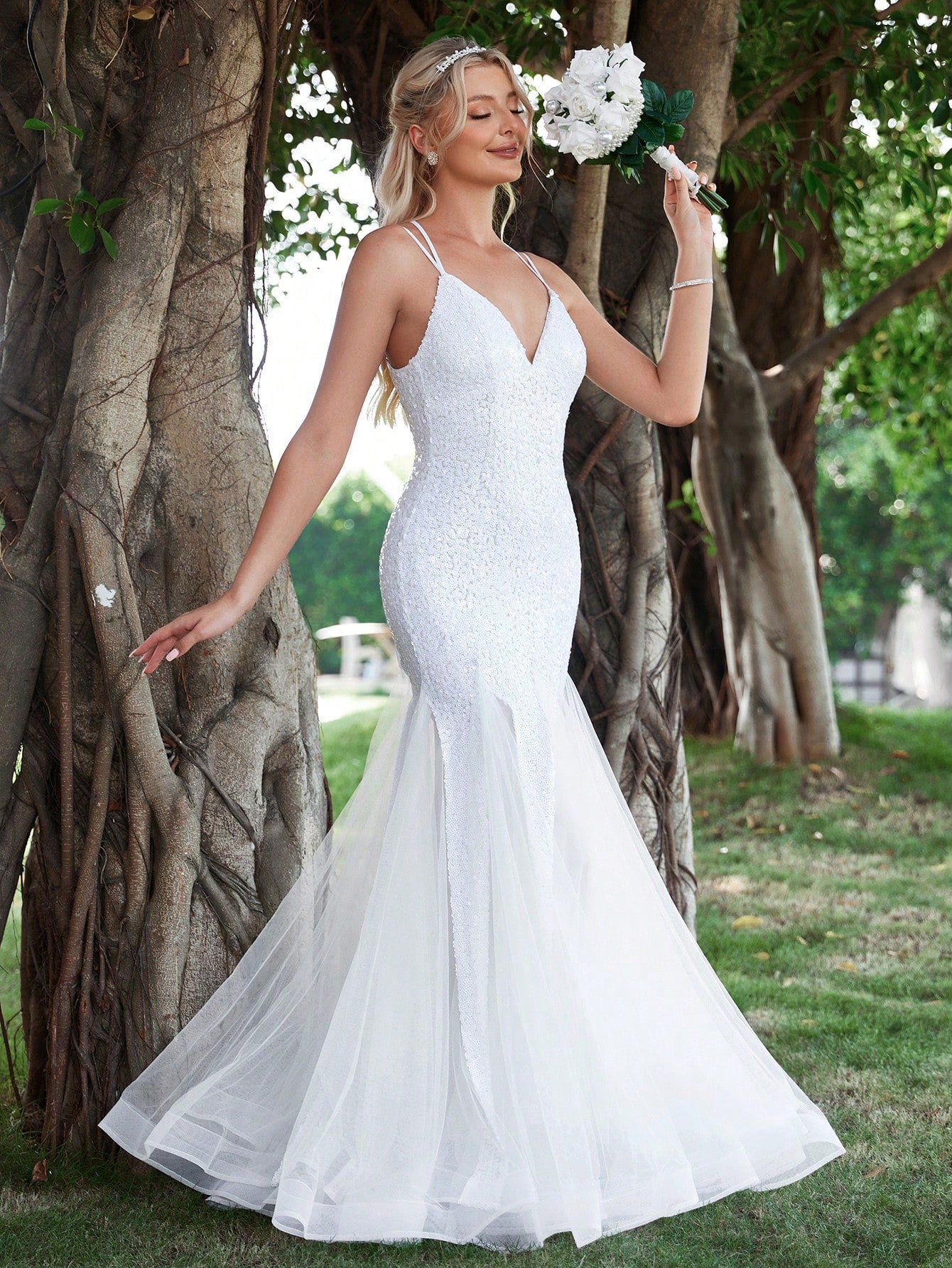 Lace Up Backless Mermaid Hem Sequin Cami Wedding Dresses