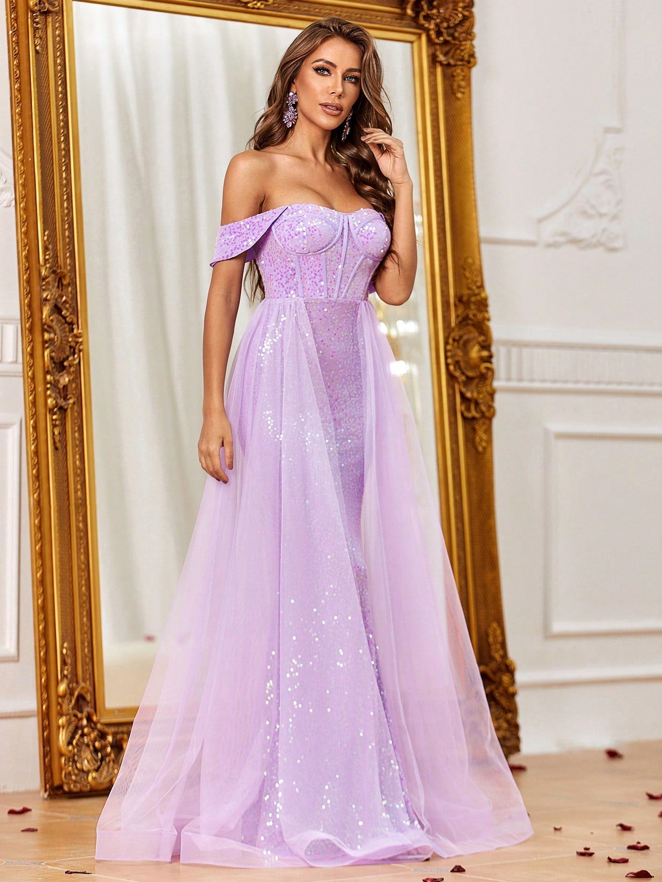 Off Shoulder Mesh Overlay Sequin Mermaid Dresses