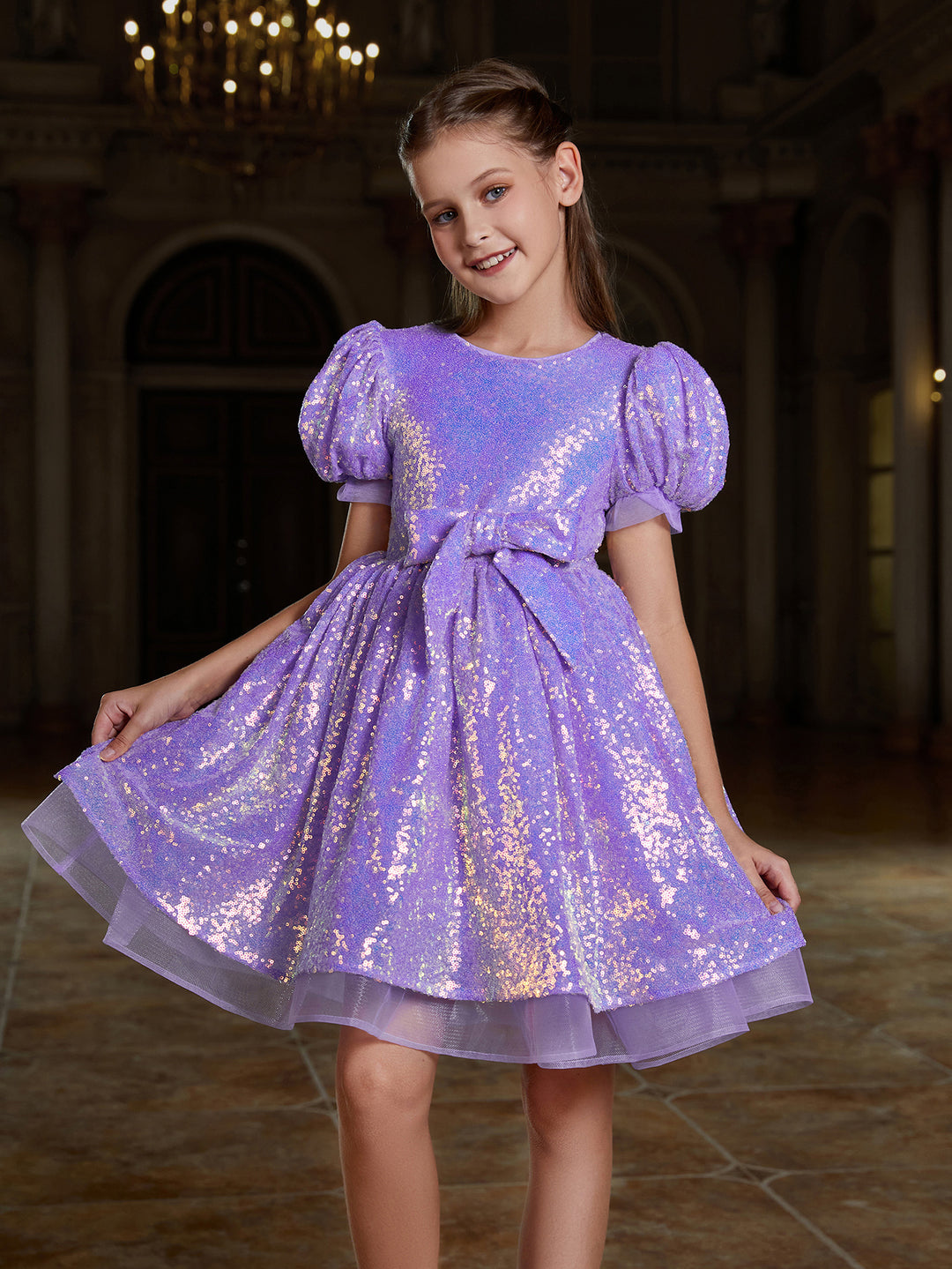 Girl's Cute Bow Front Puff Sleeve Sequin Party Dress