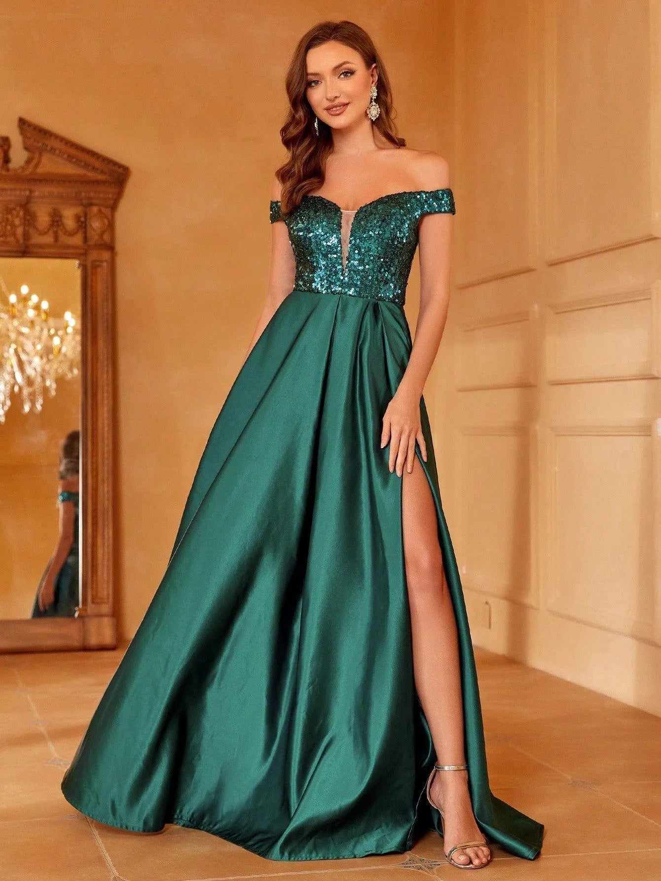 Off Shoulder Contrast Sequin Satin Prom Dress