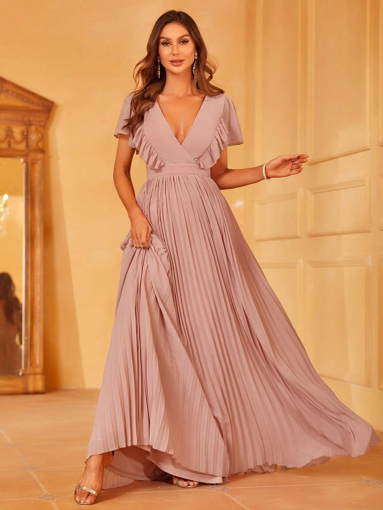 Ruffled Sleeves Pleated Chiffon A Line Dress