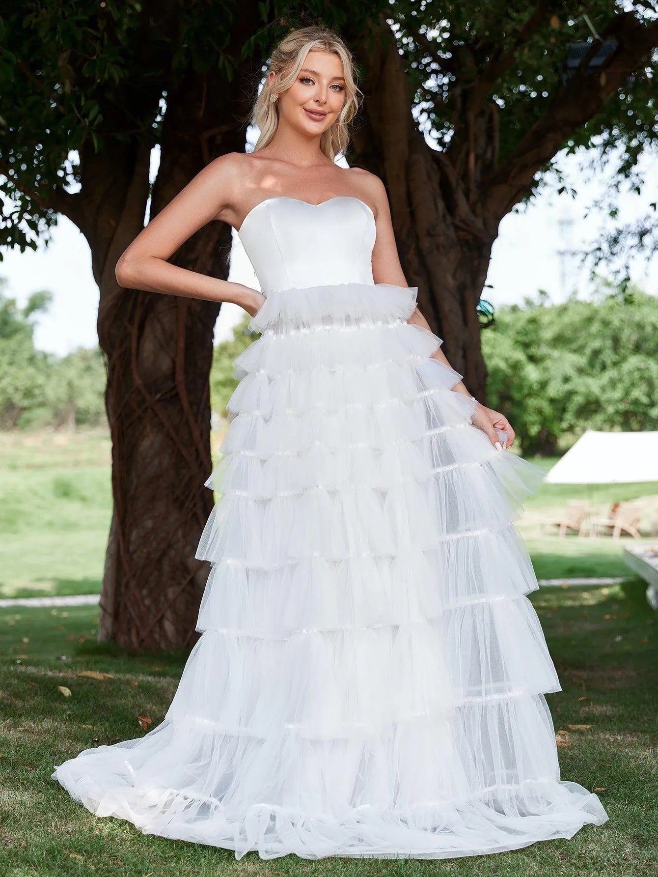 Satin Bodice Contrast Layered Tulle Hem Wedding Dress