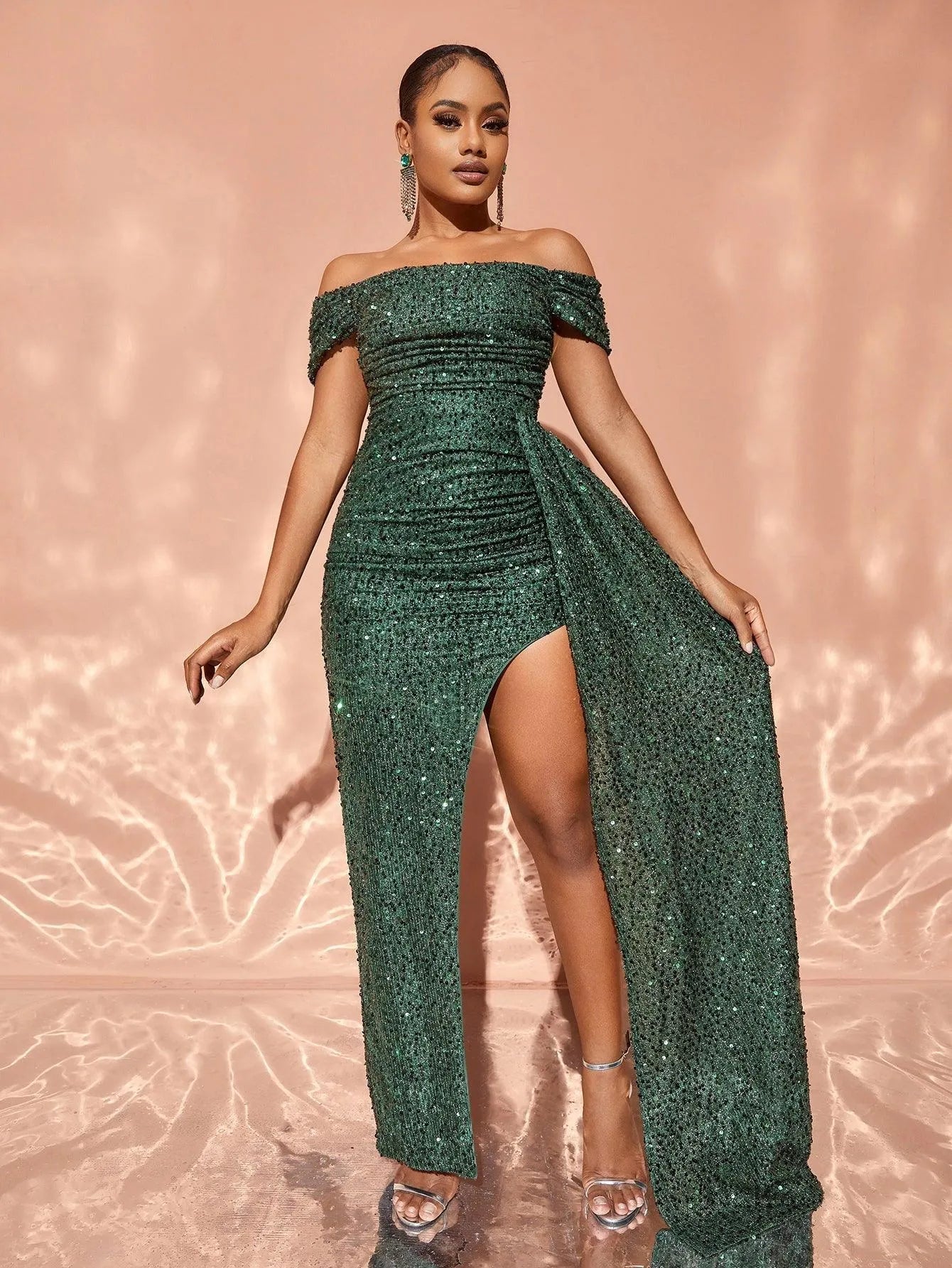 Chic Off Shoulder Draped Side Sequin Party Dress