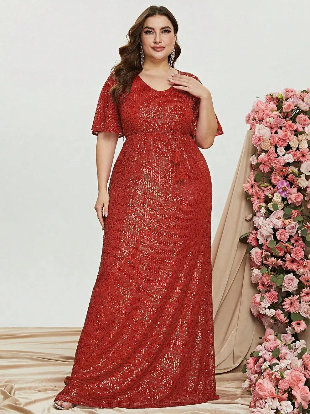 Plus Butterfly Sleeve Sequin Prom Dress