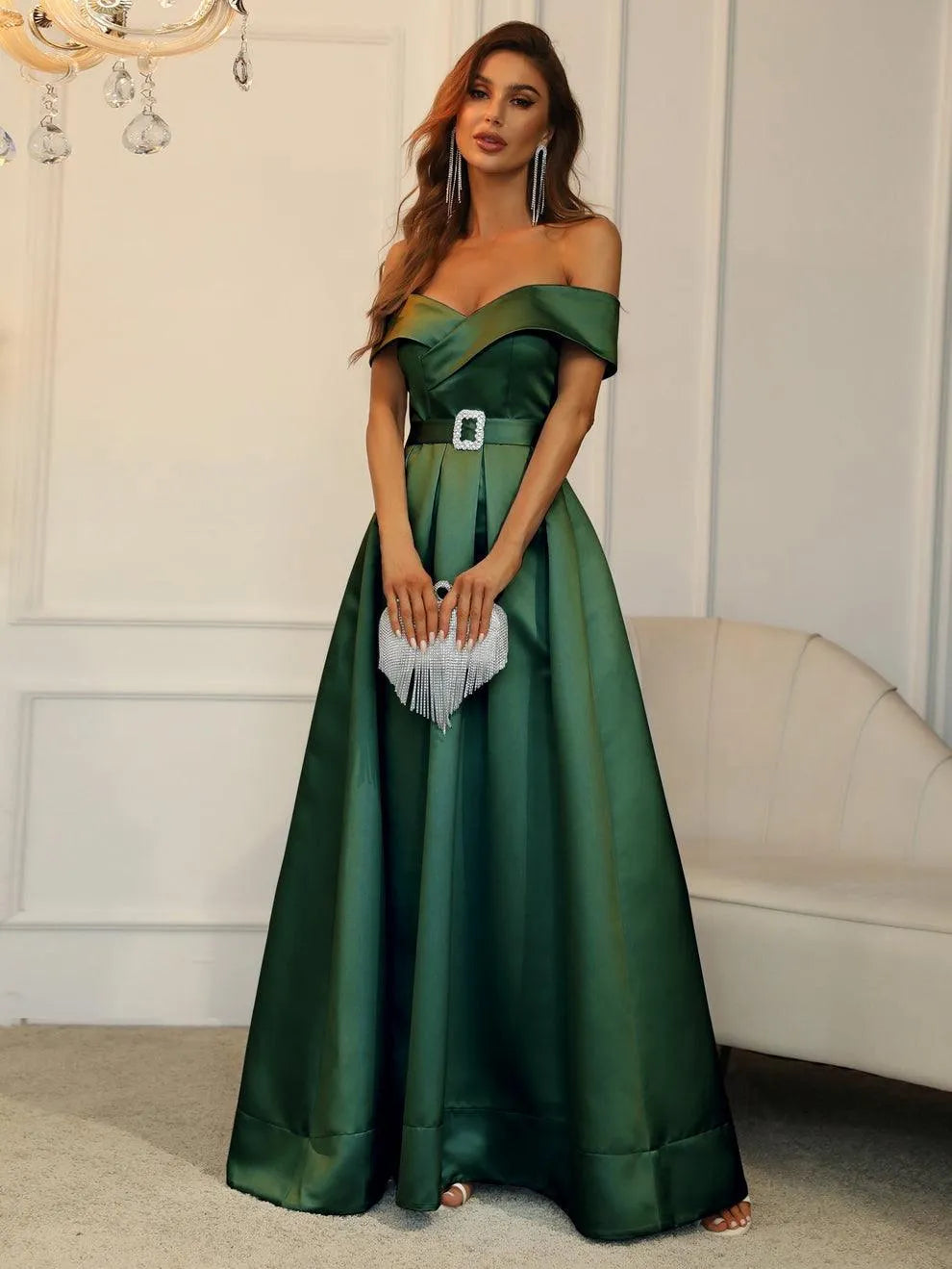 Off Shoulder Buckle Belted Satin Ball Gown