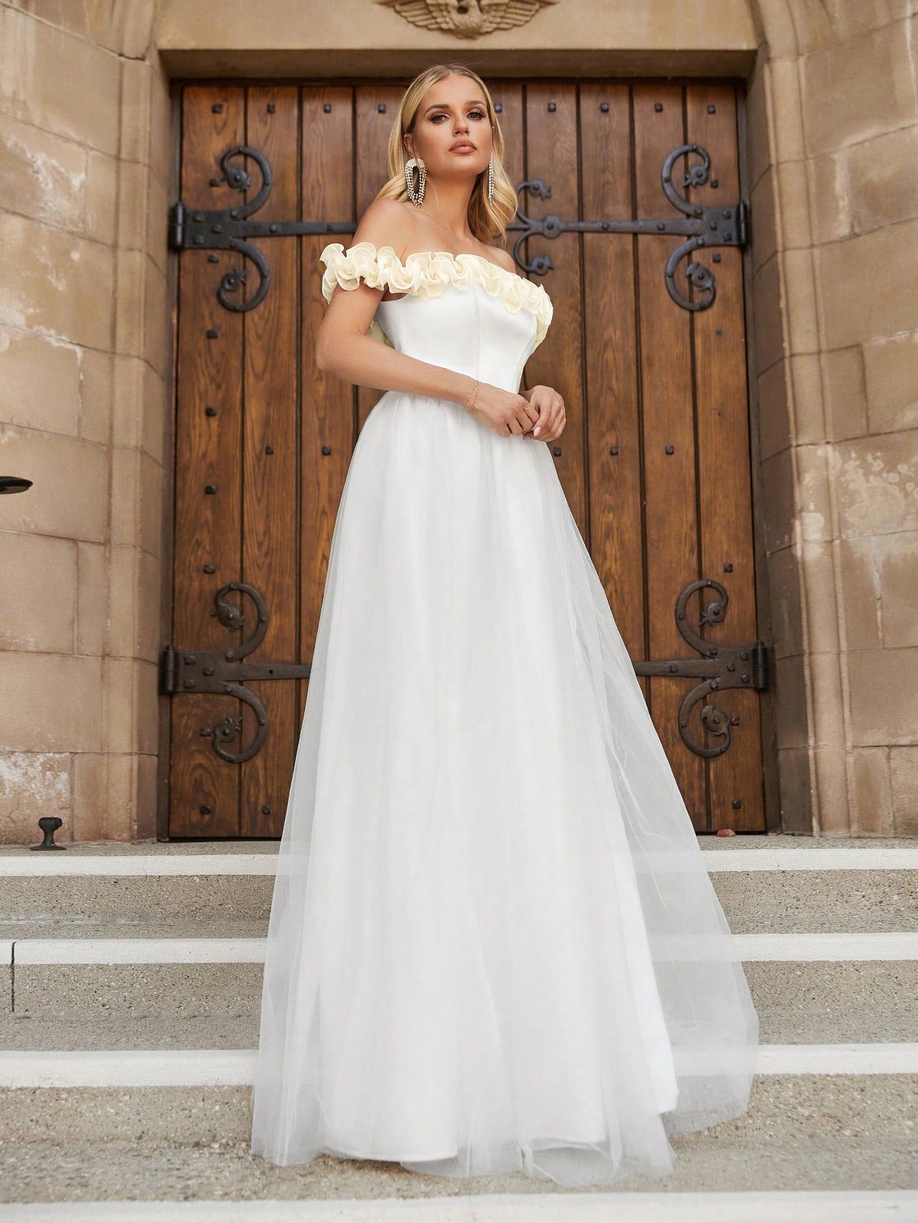 Off Shoulder Satin Bodice Contrast Organza Hem Wedding Dresses