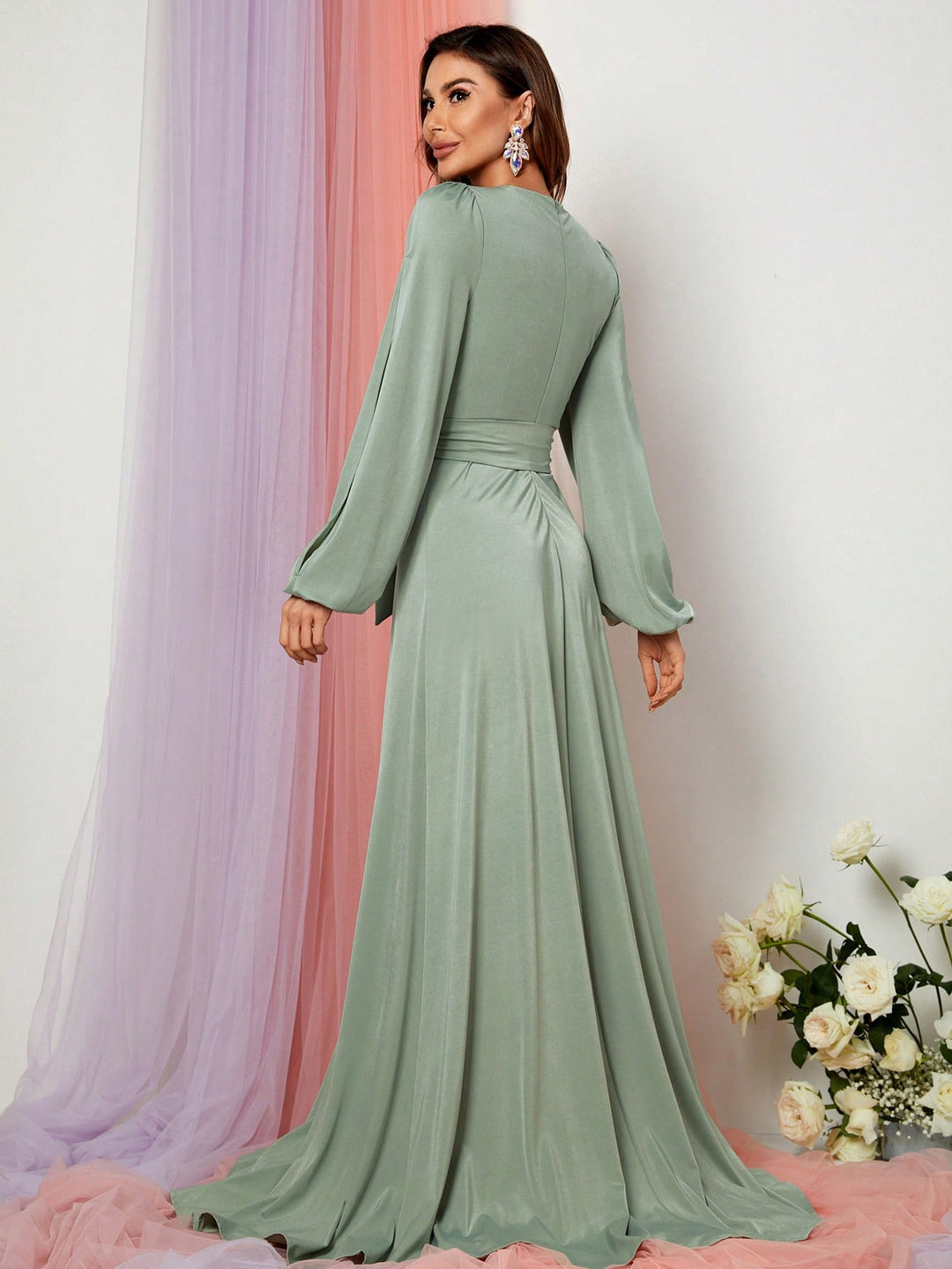 Elegant V Neck Slit Long Sleeve A-Line Dress