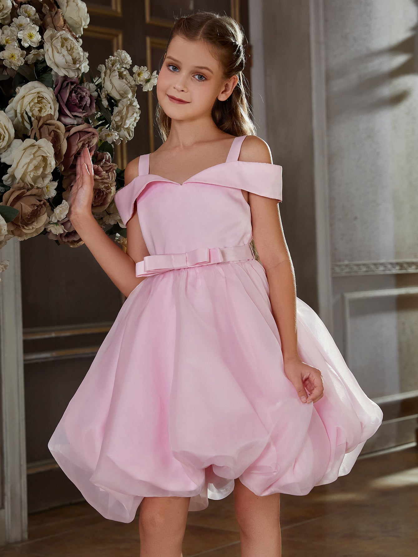 Girl's Off Shoulder Bow Hem Satin Cami Dress