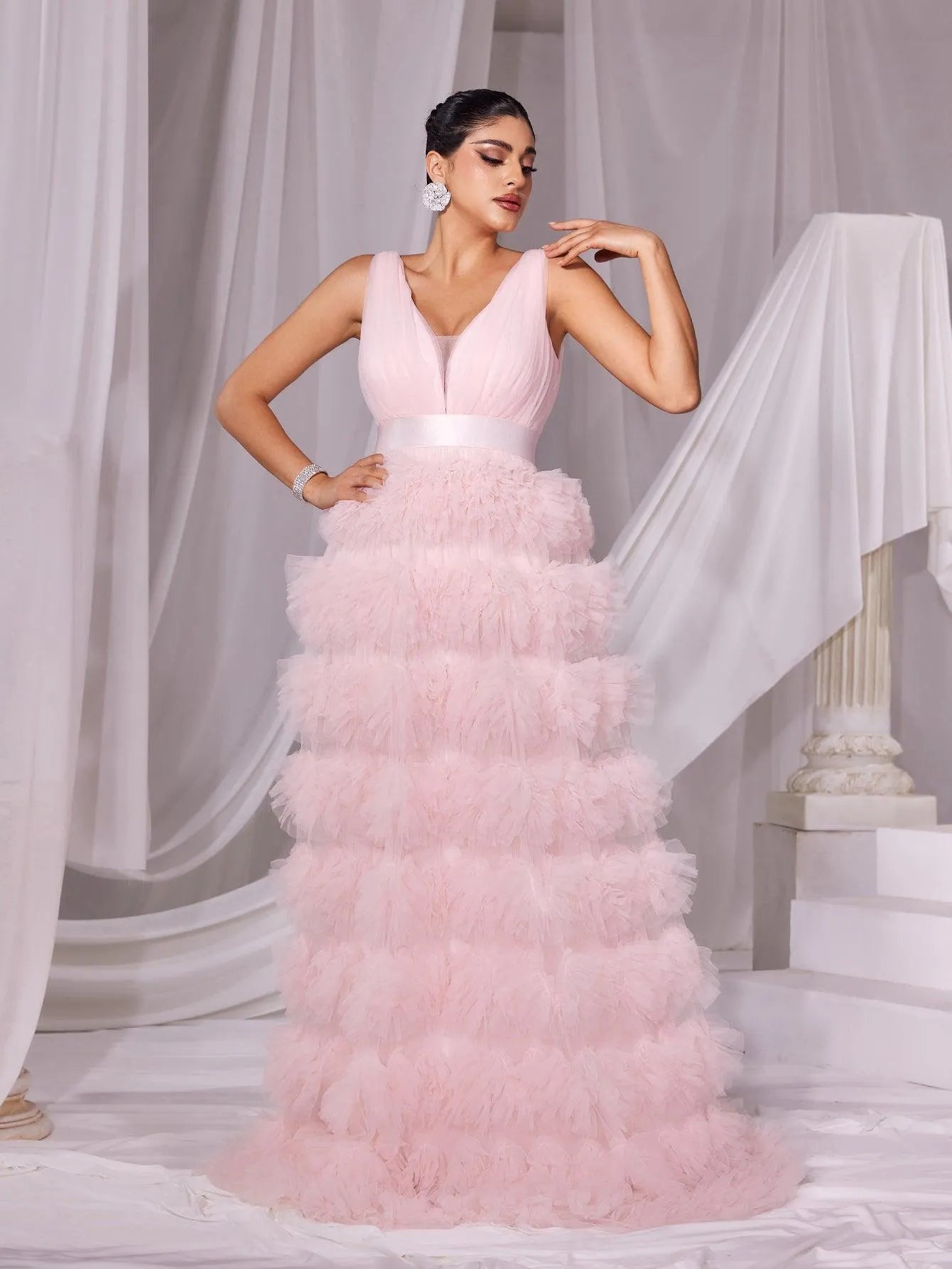 Plunging Neck Ruffle Layered Hem Cake Prom Dress