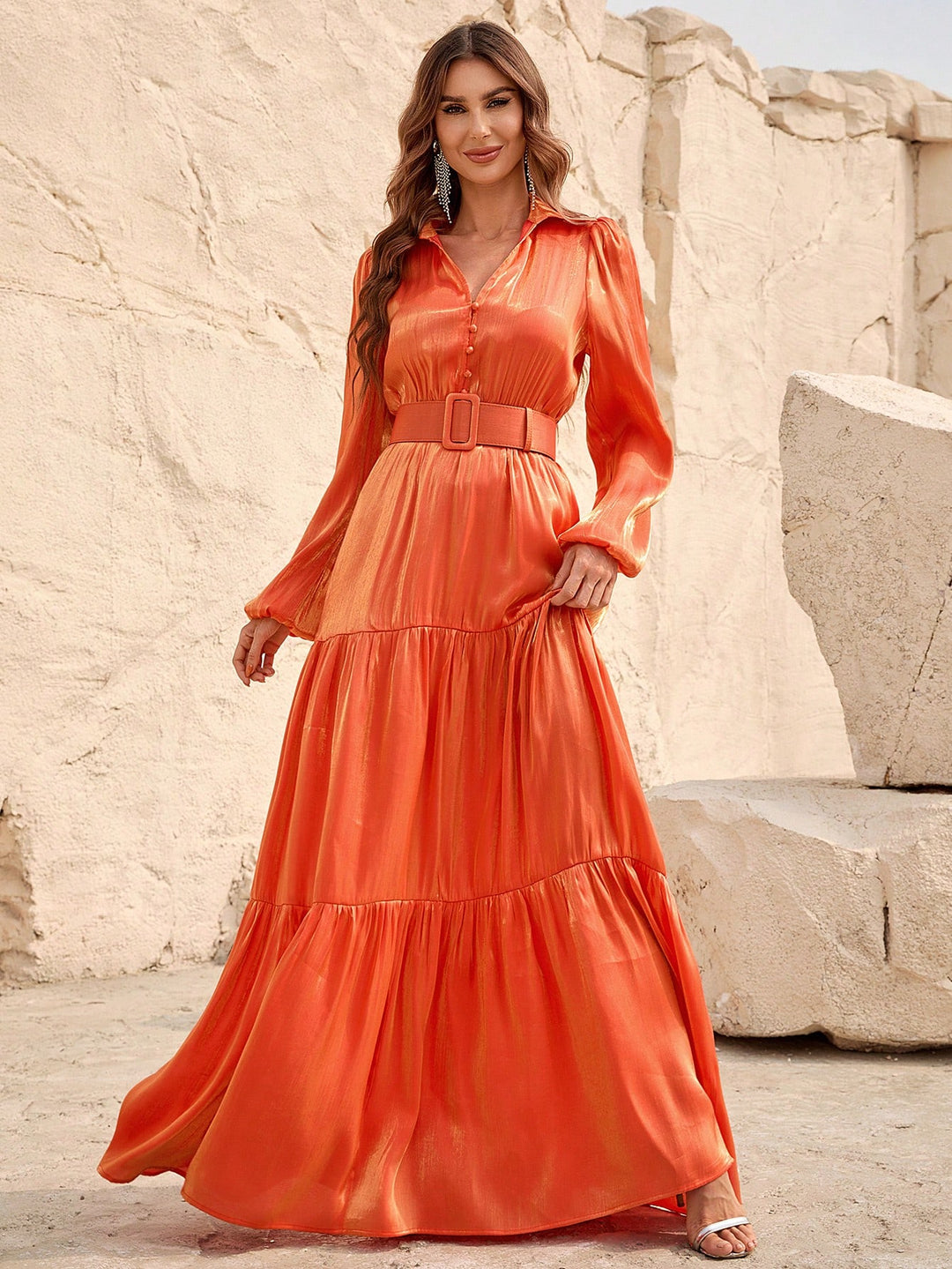 Elegant Lantern Sleeve Ruffle Hem Belted Chiffon Dress