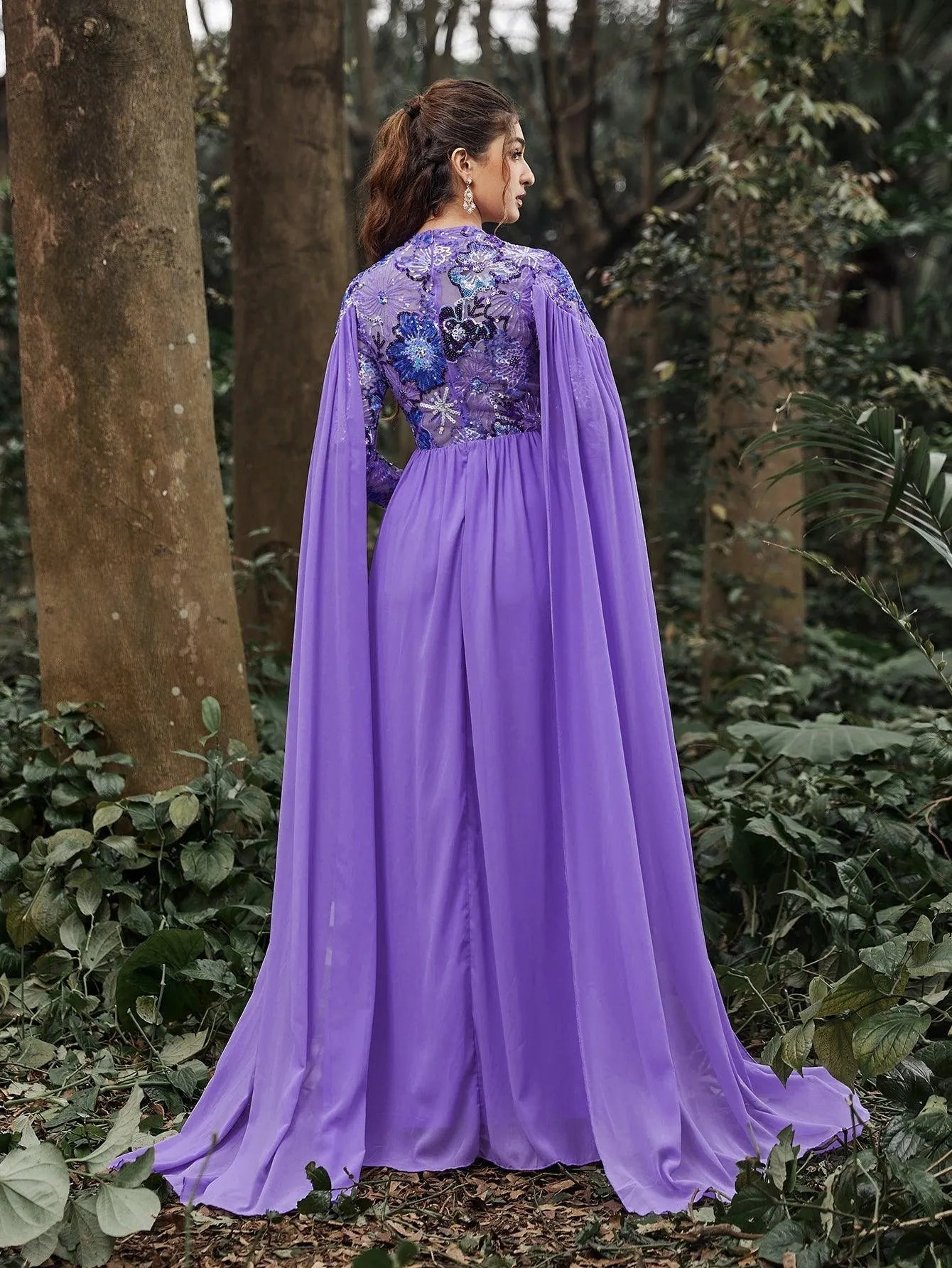 Mock Neck Cloak Sleeves Contrast Floral Sequin Prom Dress